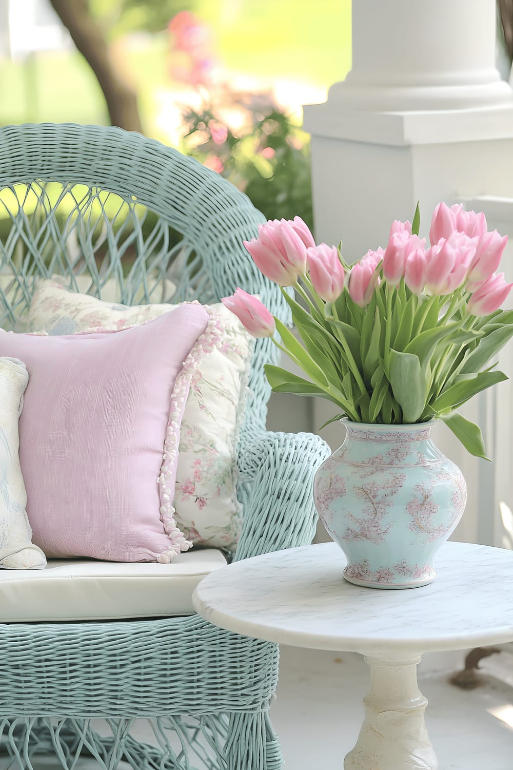 A peaceful patio corner featuring a light blue wicker lounge chair with lavender and white cushions, placed next to a marble side table, with a vase full of pastel tulips sitting on it. The scene is bathed in a soft afternoon sunlight, creating a serene atmosphere.