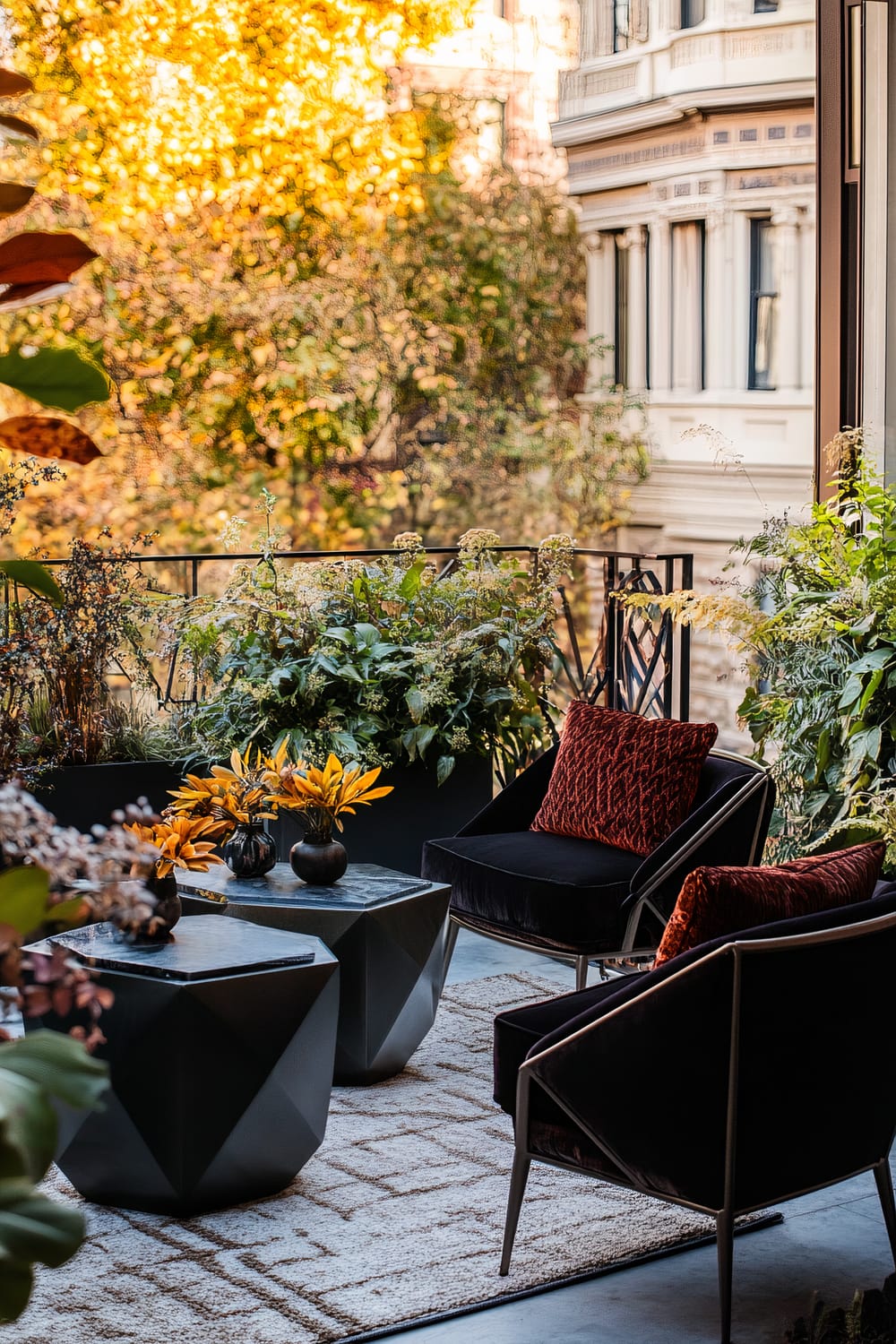 A cozy, elegant outdoor patio setup featuring two black armchairs with deep orange cushions, a geometric black coffee table with black vases holding yellow autumn leaves, all set against a backdrop of lush green and yellow leafy plants. The scene is framed by a wrought-iron railing with an ornate building facade and golden-yellow tree leaves in the background.