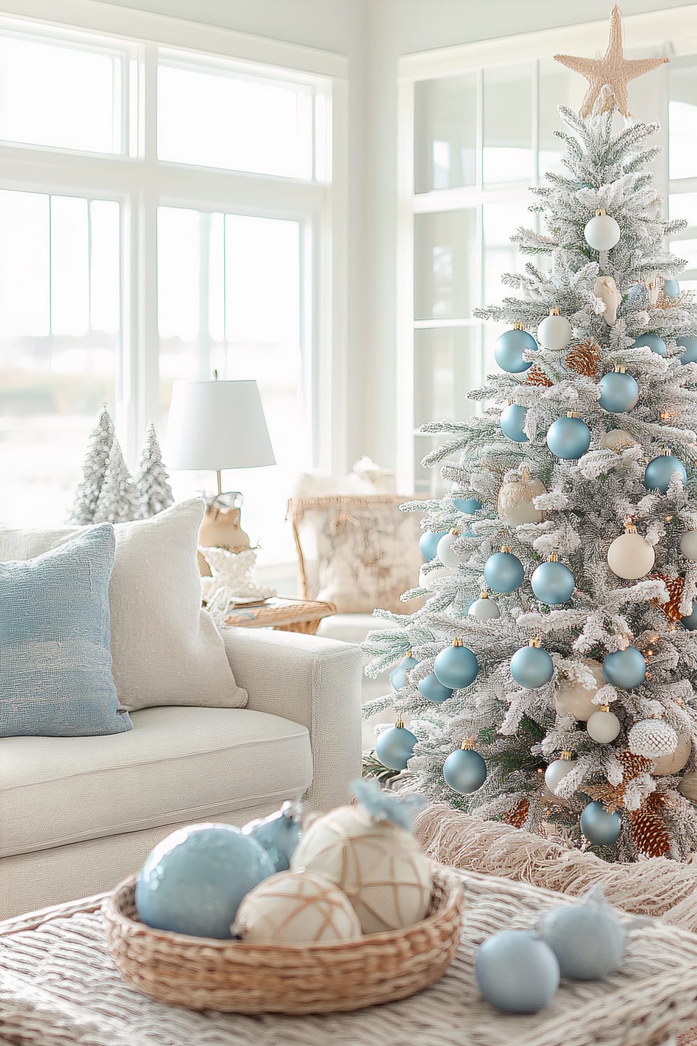 A bright and elegant living room is adorned for the holiday season with a beautifully decorated Christmas tree. The tree is covered in soft, snow-like flocking and decorated with light blue and white ornaments, topped with a natural textured star. The room features large windows allowing ample natural light to flood the space. A white sofa is accompanied by cushions in soft hues of beige and blue, while a wicker basket on a textured rug holds matching light blue and white Christmas ornaments. A lamp decorates the side table, and small decorative Christmas trees and cozy, neutral throws add to the serene and stylish holiday ambiance.