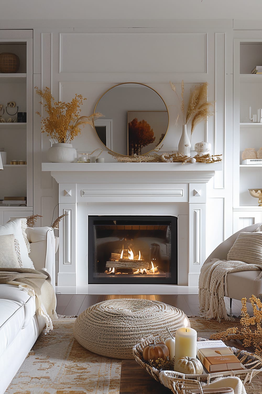 A beautifully styled living room featuring a white fireplace with a roaring fire and a round mirror above. The mantel is adorned with vases containing dried flowers and candles, complementing the neutral tones of the room. A white plush sofa on the left is topped with beige and cream pillows and blankets. In front of the fireplace, there is a round braided ottoman, and a woven tray on the floor with candles, books, and decorative pumpkins. Built-in shelves on either side of the fireplace hold books, decor items, and more dried flowers.