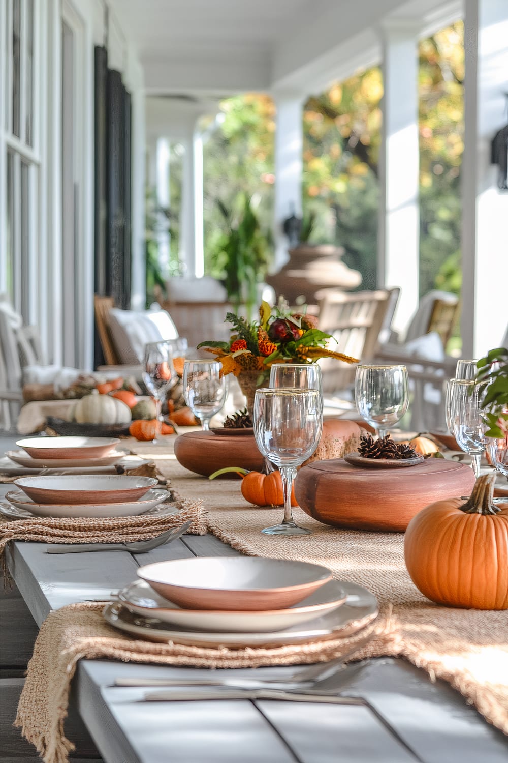 A long dining table set on a bright, open veranda adorned with fall-themed decorations. Each place setting includes ceramic plates, bowls, and clear glasses, all set on a burlap table runner. Wooden bowls filled with pinecones and small pumpkins are spread across the table, accompanied by a fall bouquet centerpiece. White railings and pillars border the spacious porch, while wooden chairs with cushions add seating comfort. In the background, the porch is surrounded by lush greenery and trees with autumn leaves.