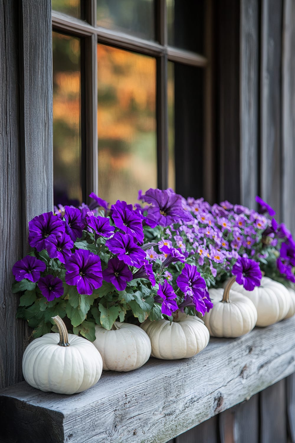 White small pumpkins are placed on a rustic wooden windowsill, accompanied by vibrant purple petunias and smaller pink flowers in lush foliage. The window, framed in dark wood, reflects a blurry autumn landscape with shades of yellow, orange, and green.