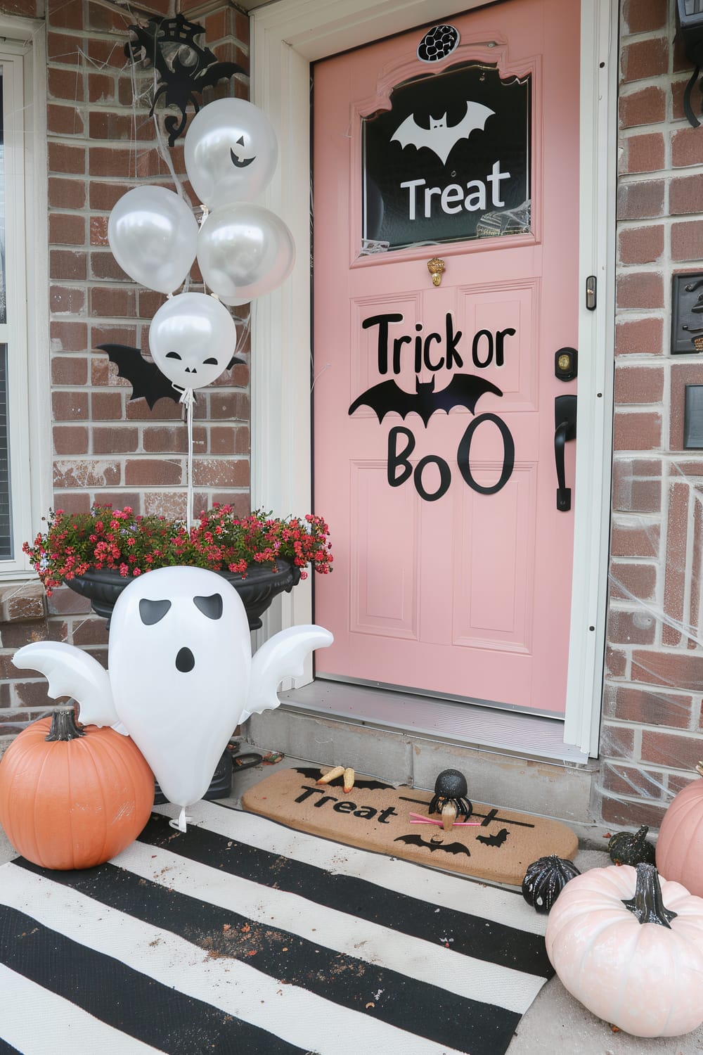 A festive Halloween-themed entryway featuring a pink door with black "Trick or Boo" lettering and bat decorations. The front porch includes ghost and bat balloons, a planter with red flowers, pumpkins, a striped black and white rug, and a doormat that reads "Treat" with spider and bat embellishments.