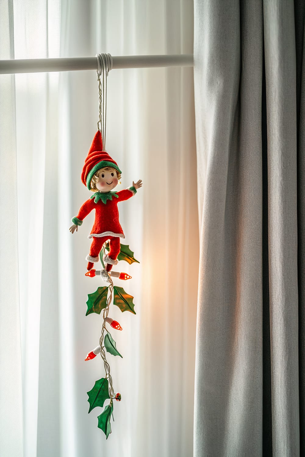 A playful elf doll dressed in a red and green outfit hanging from a white curtain rod. The elf is decorated with a string of red and green fairy lights and has light gray curtains in the background in a spacious, minimalistic children's bedroom.