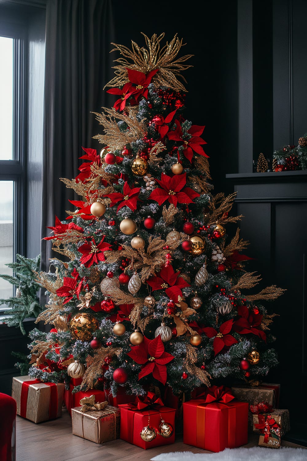 A lavishly decorated Christmas tree stands in a sophisticated modern living room. The tree is adorned with red poinsettias, gold and red ornaments, and shimmering gold foliage. Prominently displayed at the top is a striking golden starburst tree topper. A variety of elegantly wrapped gifts in red and gold sit under the tree. The background features dark walls and a large window draped with heavy curtains, allowing natural light to enhance the scene.