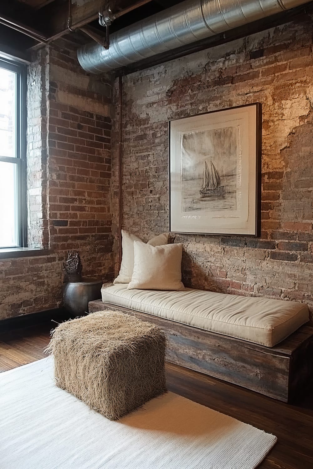 An industrial-style interior corner features exposed brick walls and ductwork. A large framed sketch of a sailboat hangs above a wooden bench with beige cushioning and two cream pillows. A rustic-looking, textured ottoman stands on a light rug in the center of the room. Natural light filters through a window to the left.