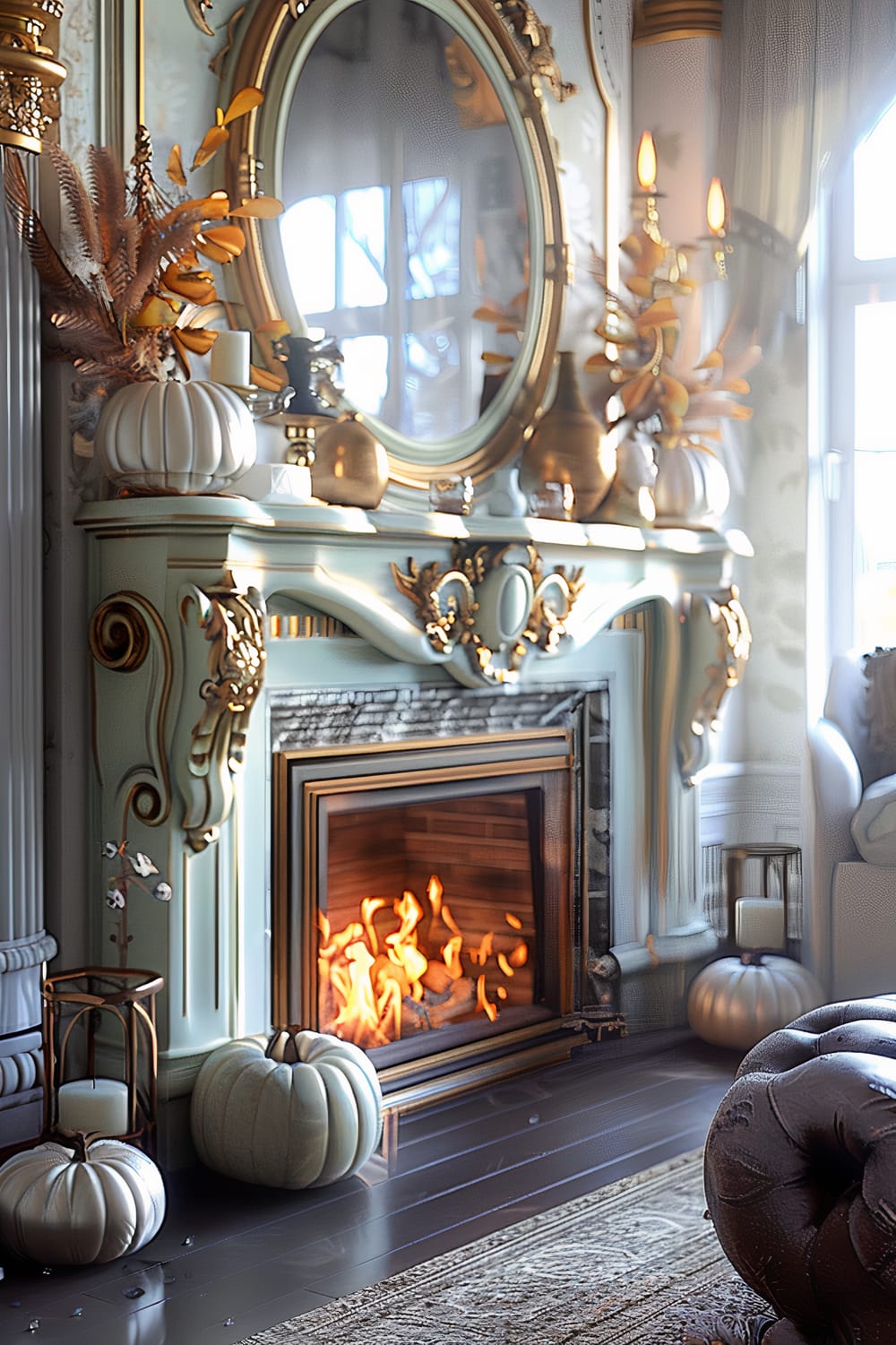 An elegant living room features an ornate, mint-green fireplace adorned with golden accents and an oval mirror above it. The fireplace is lit with flames, adding warmth to the space. Decorative white and gold pumpkins, along with candles and lanterns, embellish the setting. Sunlight streams through the windows, enhancing the sophisticated ambiance with a soft glow.