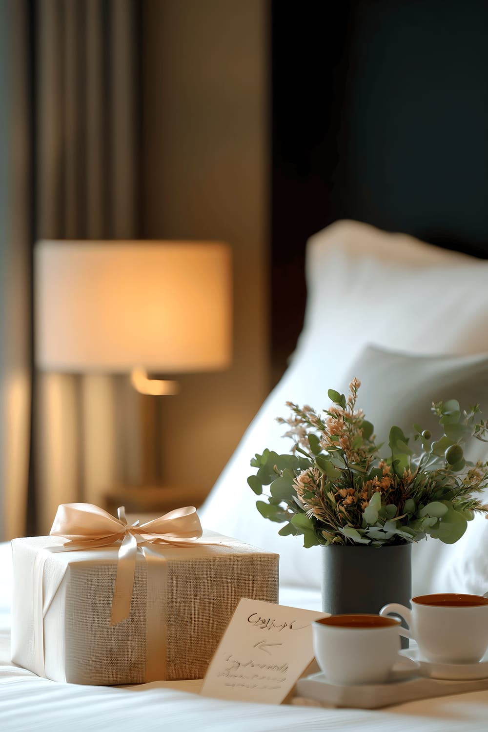 A contemporary Korean-style bedroom featuring a low platform bed draped in pastel linens. A neatly packaged present sits atop a modern bedside table, accompanied by a small floral arrangement and traditional Korean tea cups. The soft illumination from an ambient bedside lamp adds a warm glow to the scene, emphasizing the set stage for a thoughtful gift exchange.