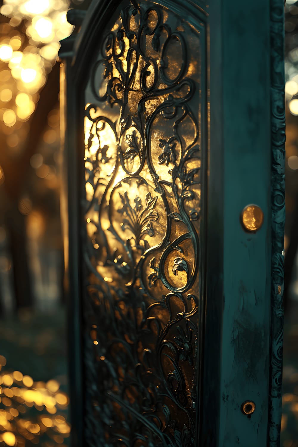 A partially open, hunter green-painted reclaimed iron gate presents an intriguing view into a wild garden bathed in the warm glow of a sunset. The intricate patterns on the gate filter the golden light, creating engaging shadows and highlights on the ground.