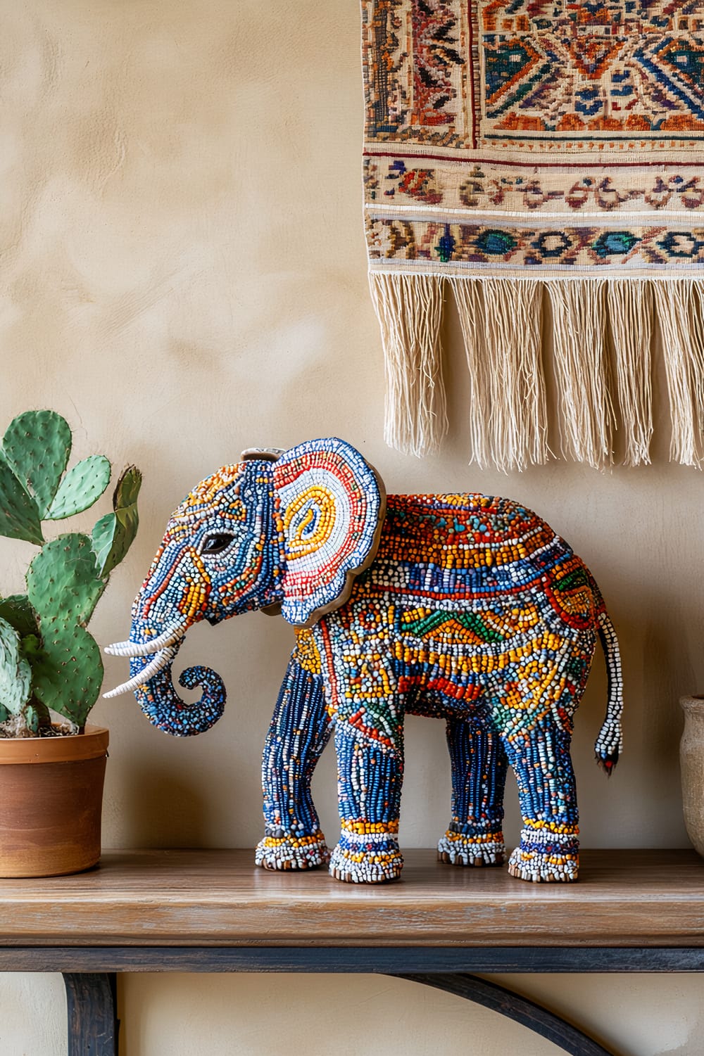 A beaded elephant figurine adorned with colorful patterns made of small beads, placed centrally on a wooden shelf. The background features a neutral-toned wall with an intricately designed woven tapestry hanging above and a small potted cactus plant to the left of the elephant.