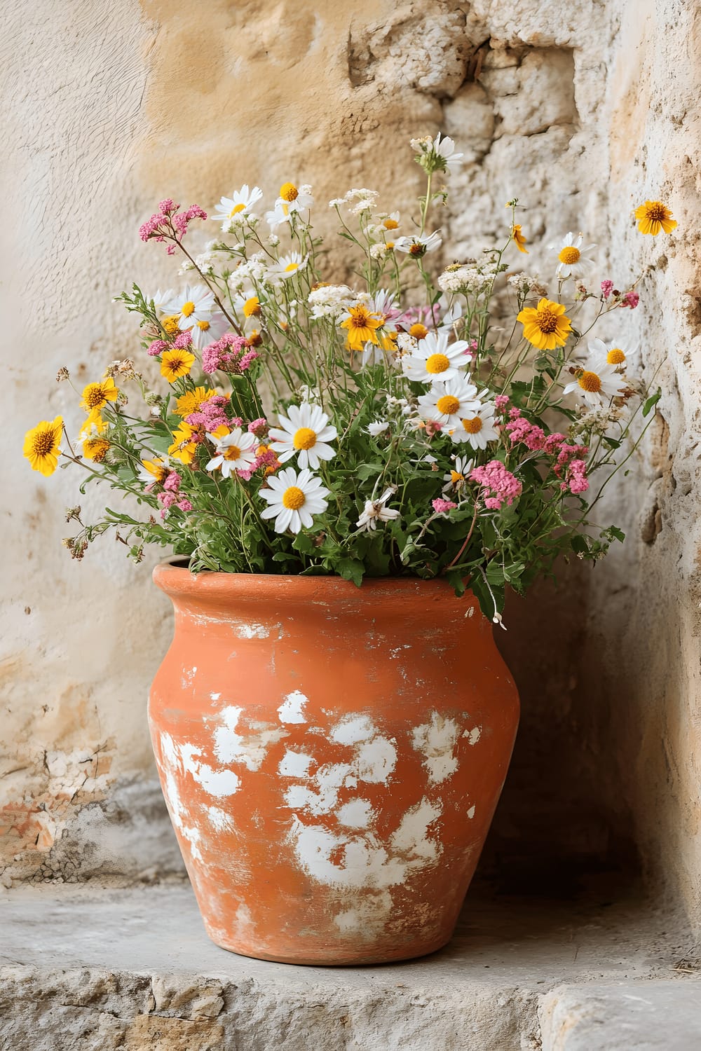 A colorful image featuring a weathered, rust-orange clay pot painted with delicate white designs, filled to the brim with bright wildflowers. It's set against a neutral stone wall backdrop, providing a beautiful contrast that draws attention to the vivid nature of the florals and the antique charm of the pot.