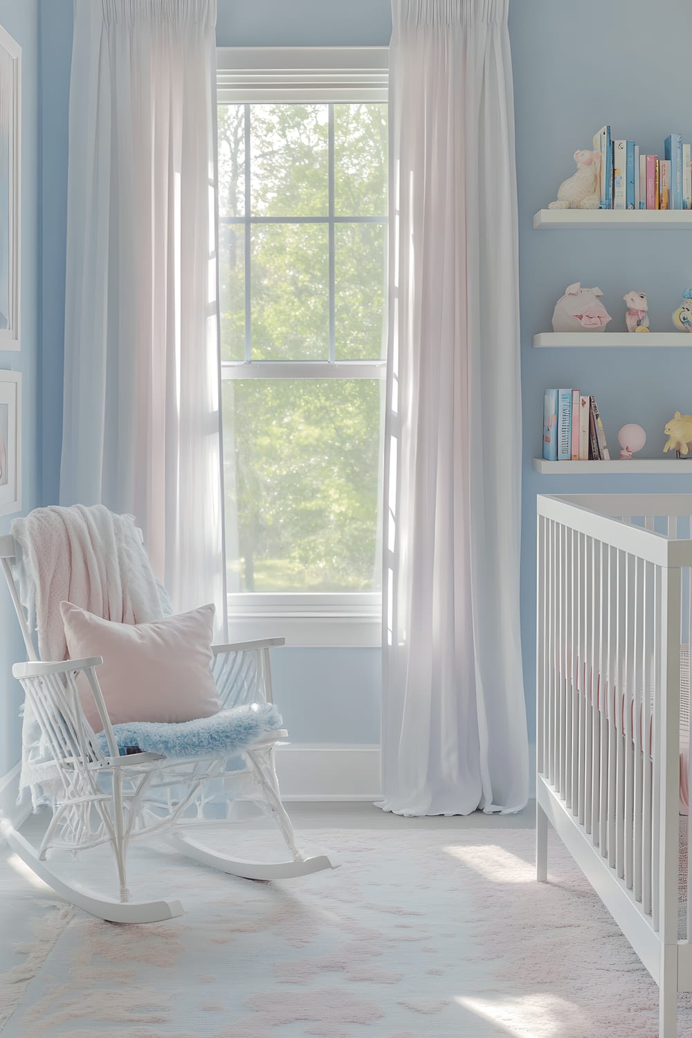 A baby's nursery painted in a soothing baby blue hue with a white crib draped with soft pink bedding. A light grey rug underfoot complements a pastel mint rocking chair adorned with a plush cushion, sitting gracefully beside a minimalist white bookshelf that houses pastel-colored books and toys. Large windows, half-shielded with gentle lavender curtains, fill the space with soft, natural light.