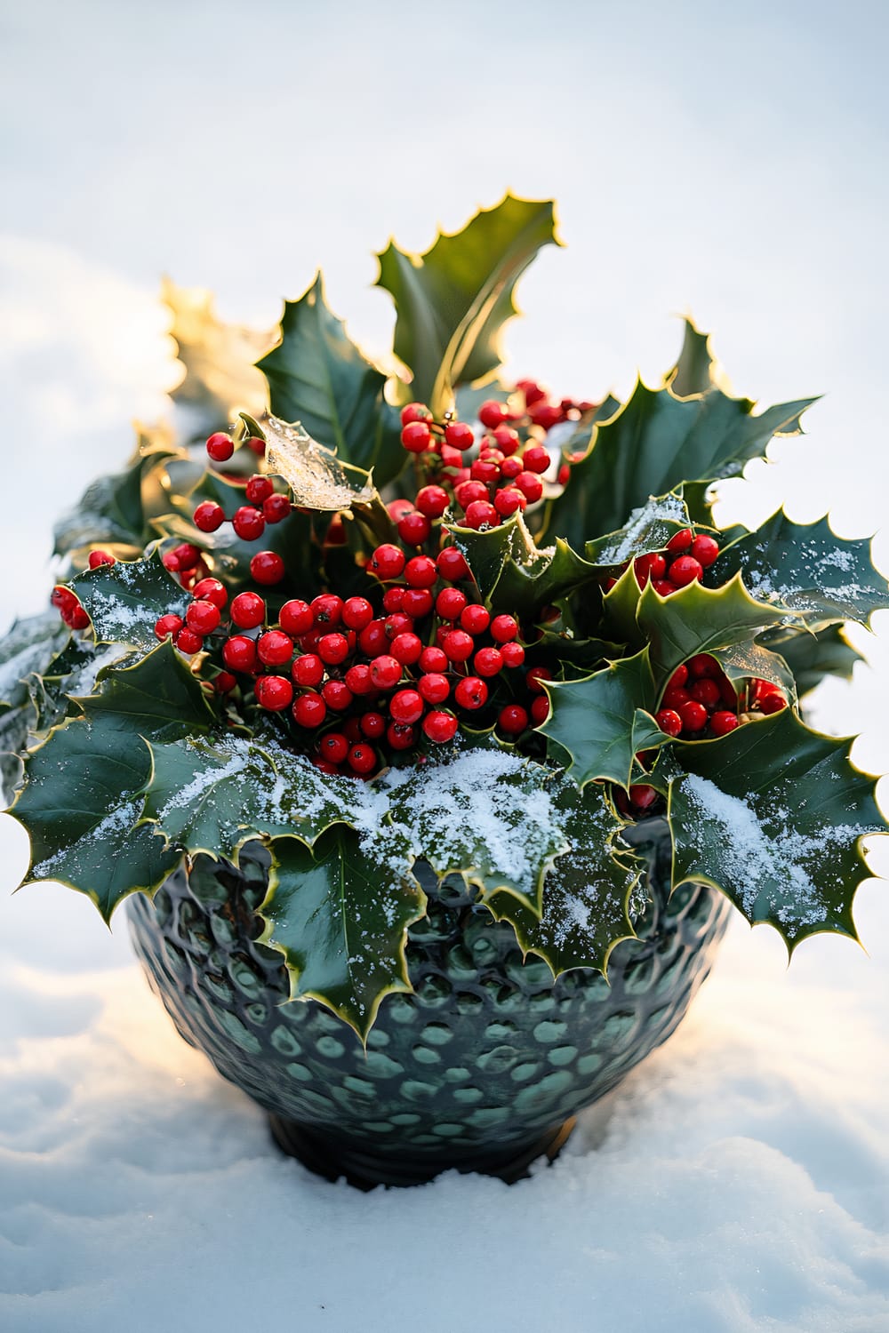 A vibrant Christmas planter themed around holly is shown in warm, inviting light. It features rich red berries and deep green, spiky leaves dusted with lightly fallen snow. The planter has a textured, dark green container, enhanced by the softly lit snowy backdrop, creating a stark contrast to the colorful centerpiece. The perspective is from above, highlighting the symmetrical and lush arrangement.