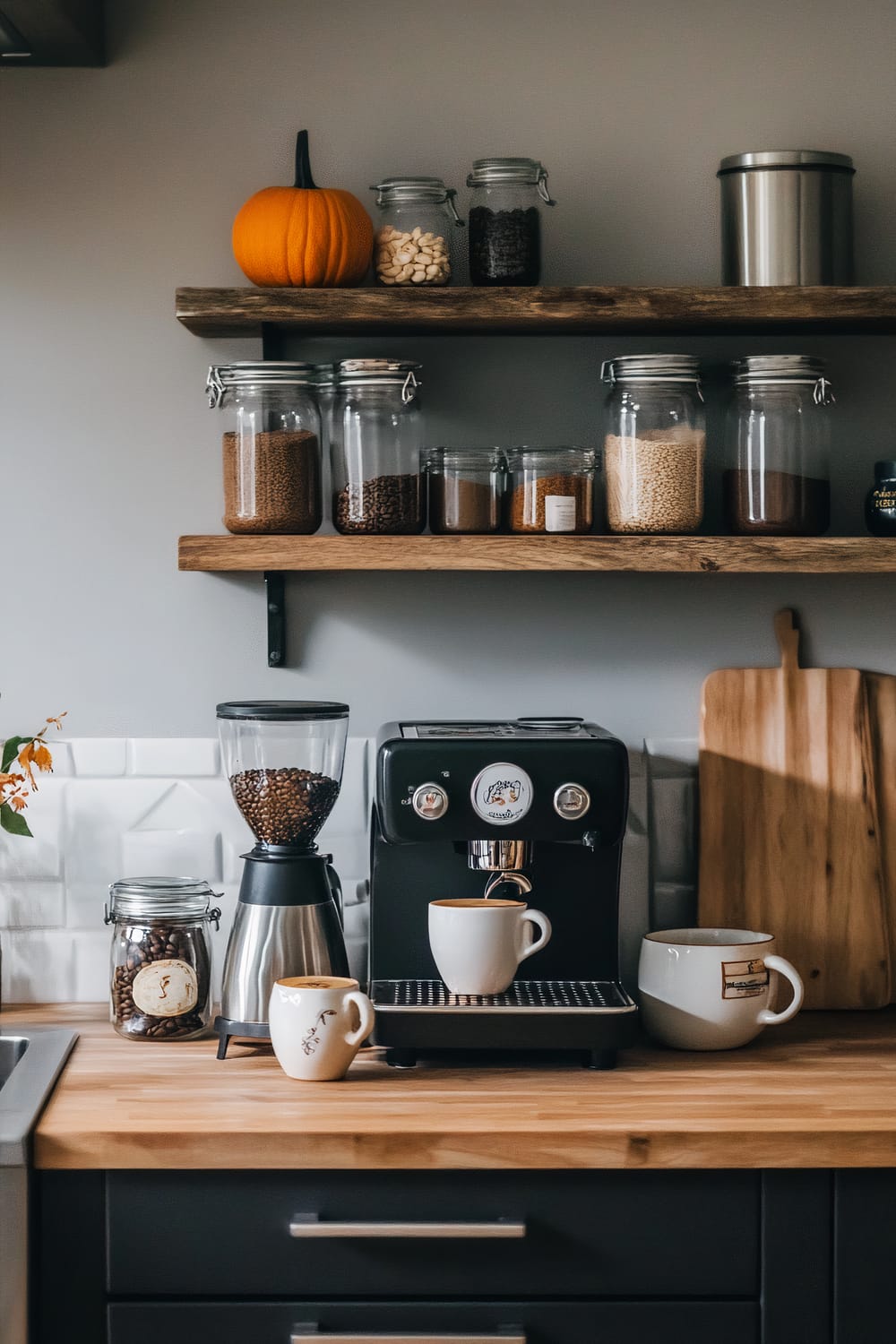 A modern kitchen countertop with a natural wooden surface. On the counter is a black coffee machine with a coffee cup under the dispenser, a coffee grinder filled with beans, and additional coffee jars. Above the counter are two wooden shelves with various glass jars filled with grains, seeds, and spices. A lone pumpkin sits atop the top shelf, adding a touch of seasonal decor.