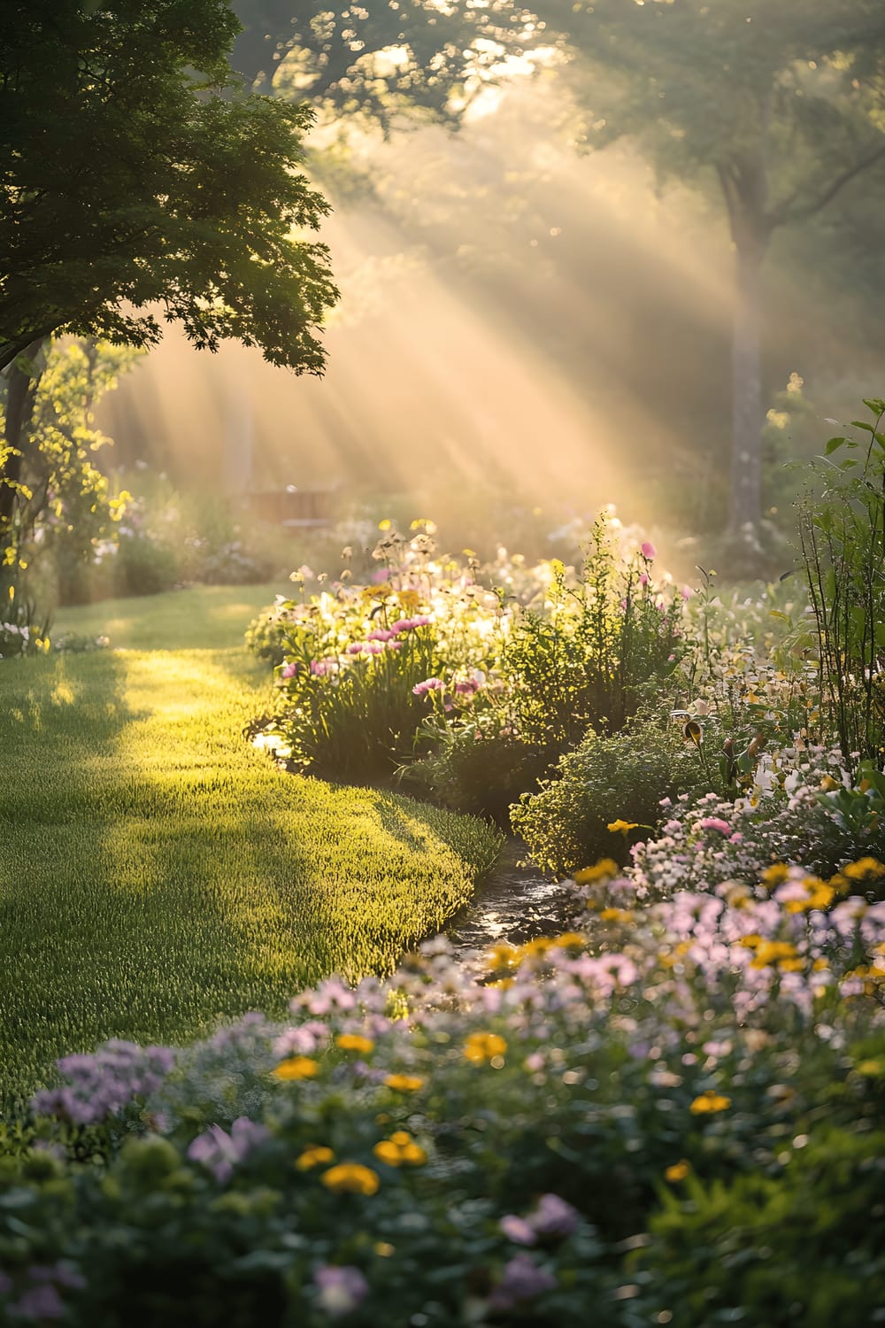 A beautifully landscaped backyard bathed in a soft, golden light. Pools of dew gather on intricately arranged flower beds. A gentle mist shrouds the scene, creating an ethereal haze that amplifies the quiet magic infused into the morning. Various birds can be imagined in the scene, their soft chirping resonating off the serene canvas painted by nature.