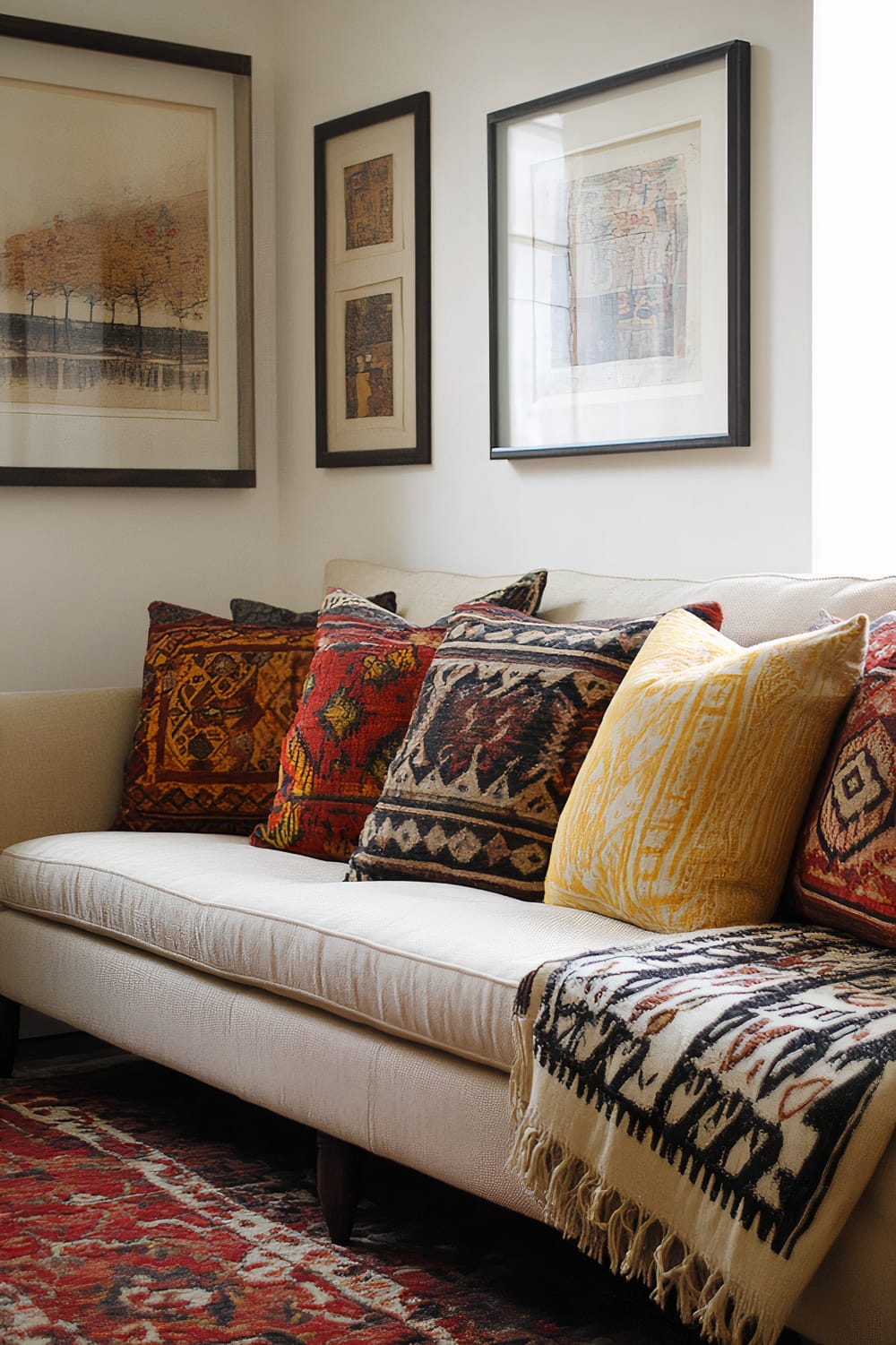 An interior living room features a light-colored sofa adorned with several intricately patterned cushions in shades of red, yellow, and dark hues. A fringed throw blanket with black and white designs is draped over one end of the sofa. The walls are decorated with framed artwork, including abstract prints and a landscape painting with trees. The carpet on the floor has an intricate red and cream design.