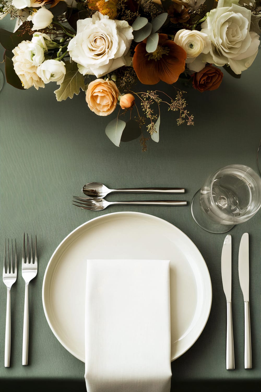 An elegantly set Thanksgiving dinner table with a minimalist design. The table is covered with a deep green tablecloth. There is a white dinner plate with a folded ivory napkin placed on it, surrounded by simple silver flatware and a glass. A striking floral centerpiece with white, cream, and orange flowers is positioned above the plate setting.