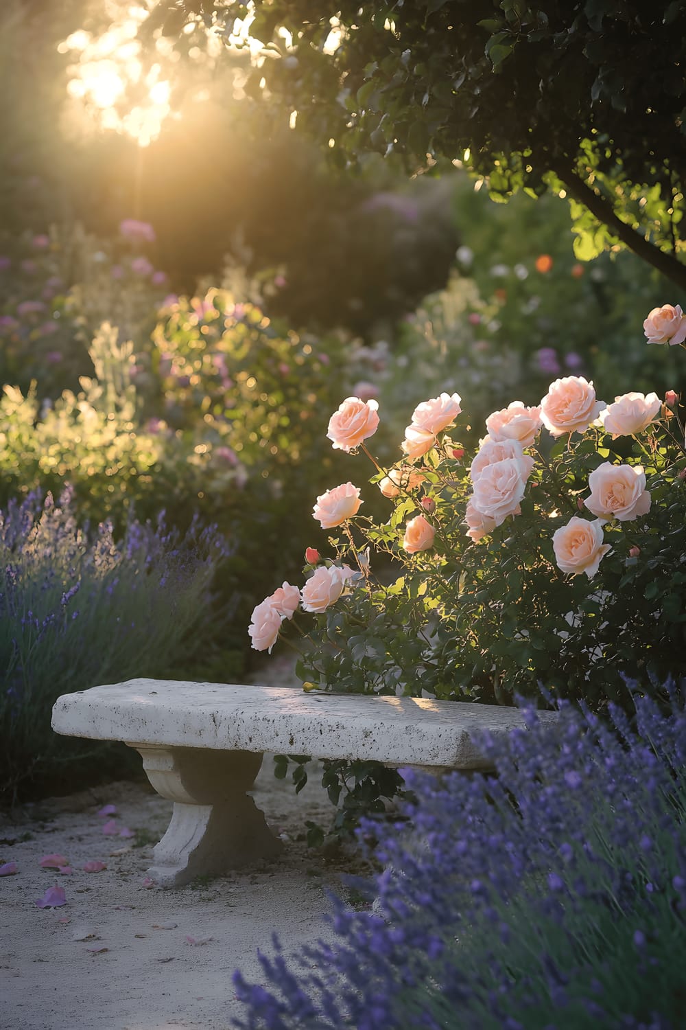 A stunning garden scene featuring an array of pink and ivory roses in full bloom. A quaint stone bench is nestled amongst lavender shrubs, under the soothing embrace of warm golden sunlight filtering through the delicate petals.