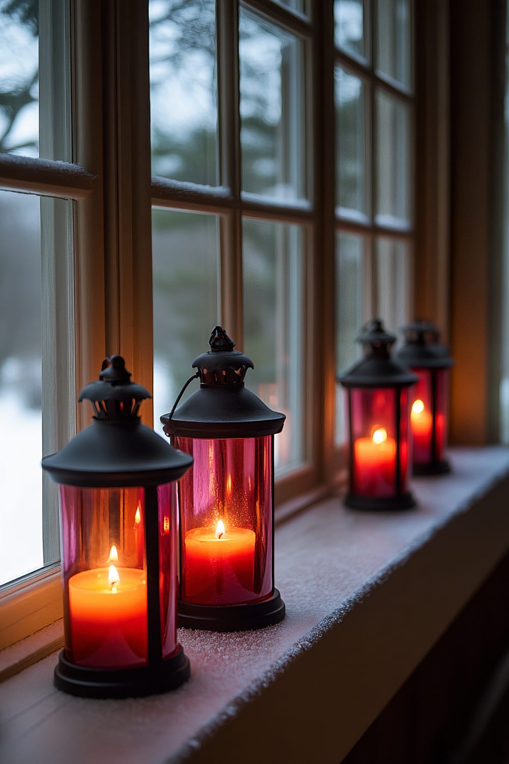 A row of red lanterns with burning candles inside, placed on a snowy windowsill, casting a warm and inviting glow. The window frames the snowy landscape outside.