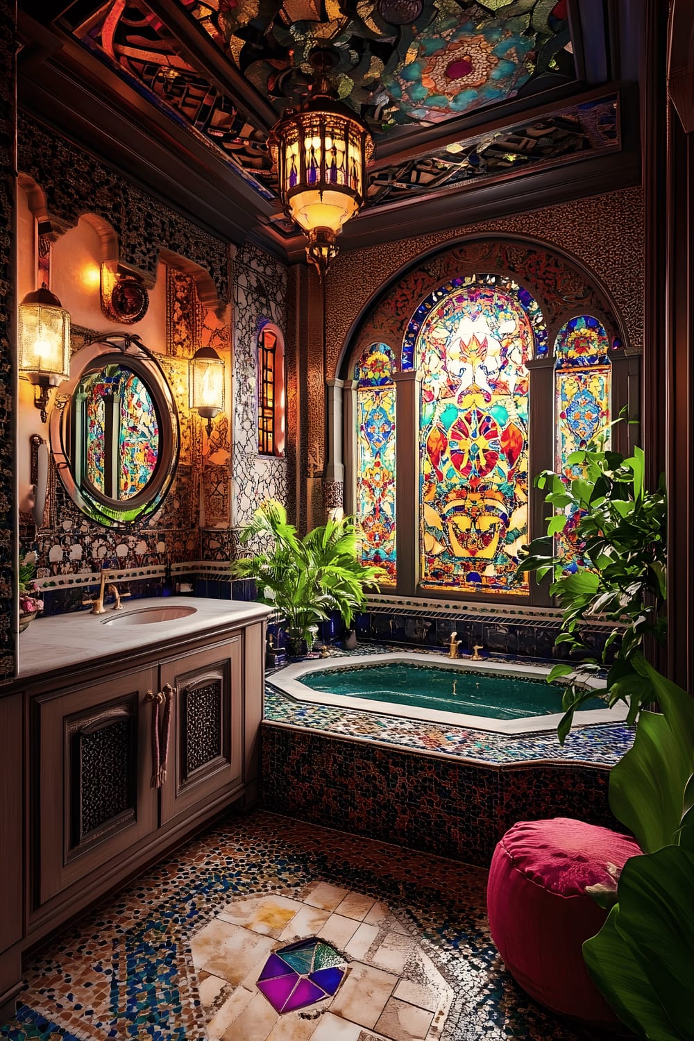 An opulent Moroccan style bathroom in rich jewel tones featuring a large soaking tub surrounded by lush greenery, an intricately tiled wall, a wooden vanity adorned with brass lanterns, and vibrant patterns cast across the room by colorful stained glass windows.