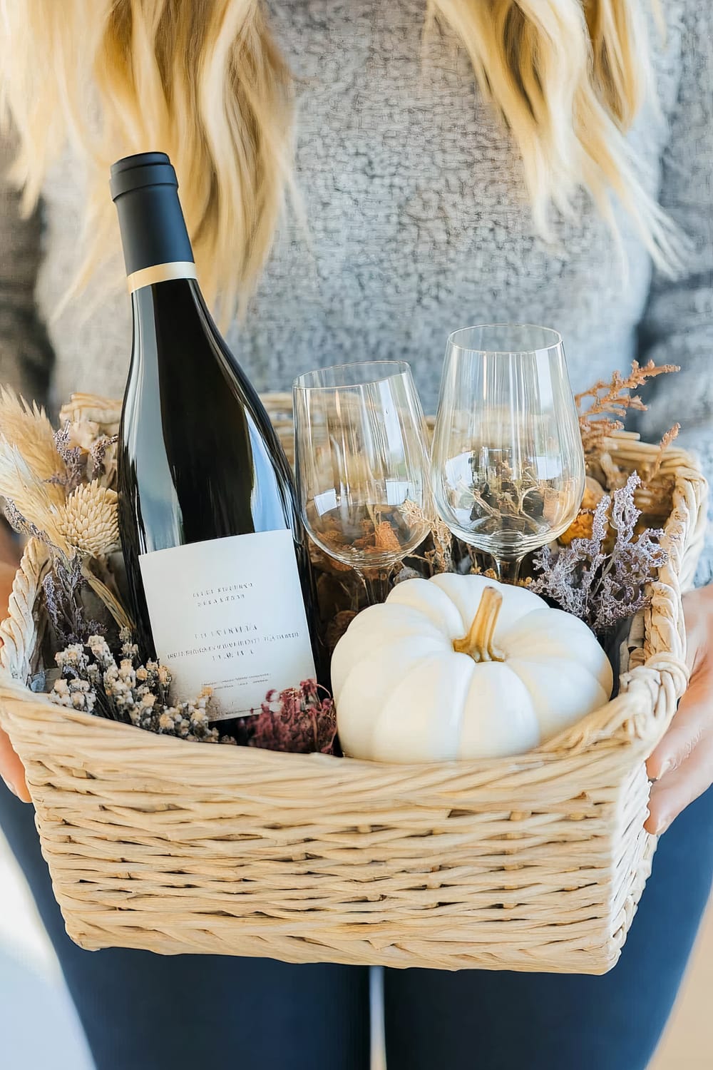 A person holding a wicker basket containing a bottle of red wine, two empty wine glasses, a small white pumpkin, and an assortment of dried flowers and wheat stalks. The person is wearing a gray sweater, and their blonde hair is visible in the background.