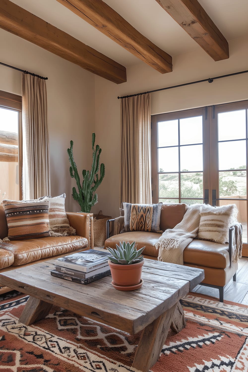 A southwest-inspired living room with adobe walls, wooden beams, and large windows offering a view of the desert. Central to the room is a large leather sofa, in front of which sits a handmade wooden coffee table with geometric patterns. There are terracotta planters housing succulents scattered around the room and Navajo-patterned rugs underfoot. The light fixtures are made of wrought iron and the room is painted in warm earth tones with pops of rust, ochre, and turquoise.