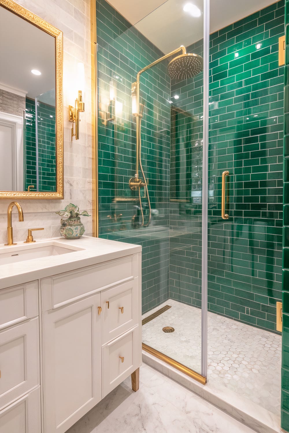 A bathroom featuring striking emerald green tiles within a walk-in shower, outlined by a glass door with gold handle accents. The shower fixtures, including a rain shower head, are also gold, mirroring the accents throughout the space. On the left, a white vanity with gold hardware supports a white countertop and integrated sink. Above the vanity is a large mirror with a gold frame and a gold wall sconce on one side, reflecting luxurious touches. The floor is tiled in a white marble design, enriching the luxurious ambiance.