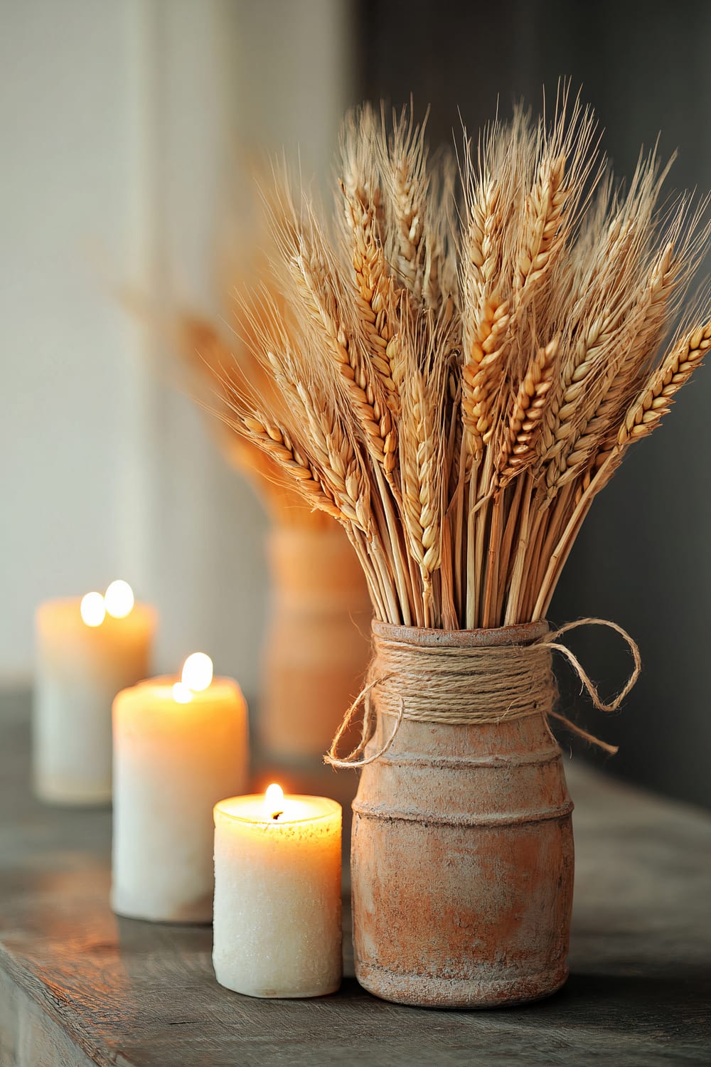 Bundles of dried wheat tied with twine in a rustic vase, placed alongside lit white candles on a neutral-colored surface. The scene is enhanced by warm lighting that highlights the golden hues of the wheat and the textures of the vase and candles.