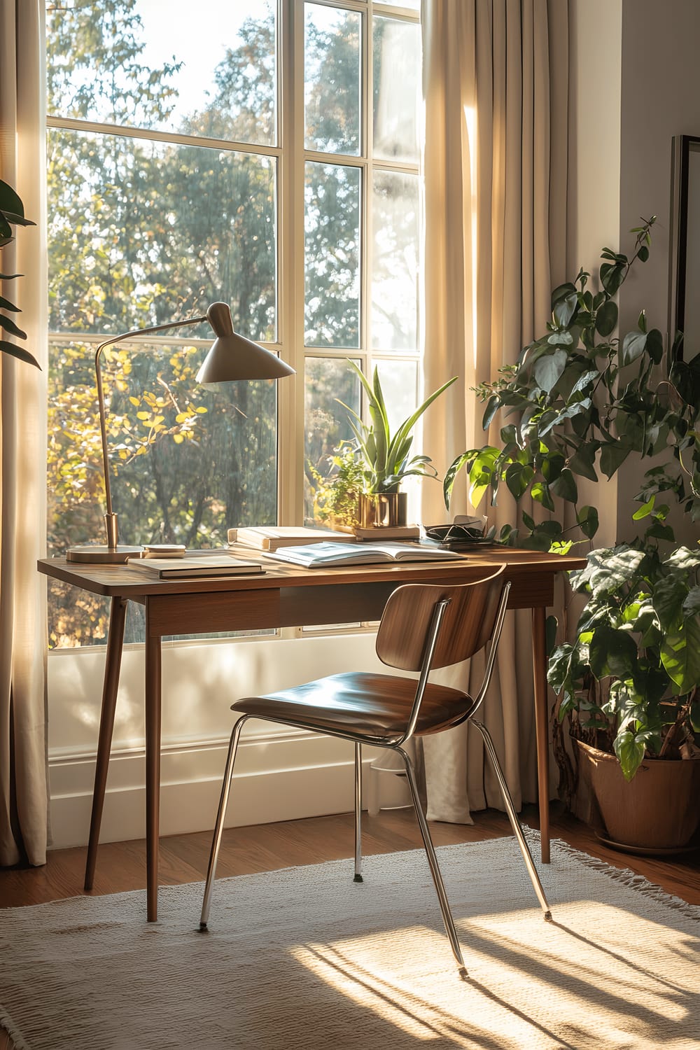 An over-the-shoulder view of a mid-century inspired home office setting. A walnut desk and a brushed metal chair are placed near a large window that allows plenty of natural light in. On the desk, a vintage desk lamp illuminates an organized workspace while several neatly stacked books and a coffee mug add to the scene.