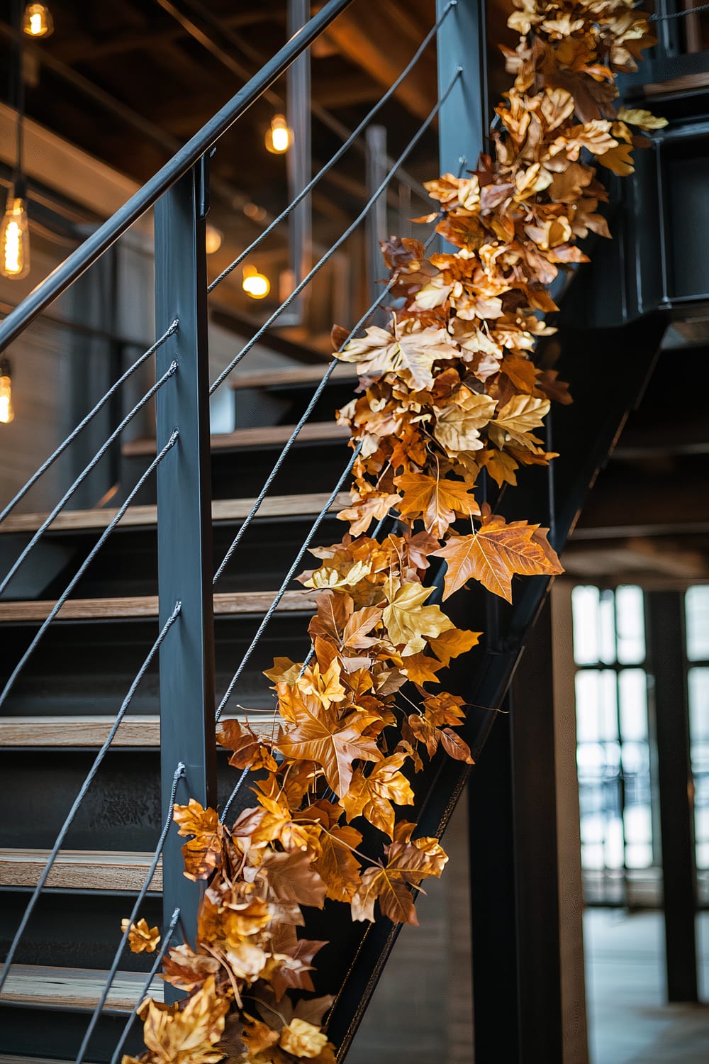 Indoor staircase decorated with yellow and orange autumn leaves garland. The staircase has black metal railings with cables and wooden steps. Warm lighting from hanging bulbs is seen in the background.