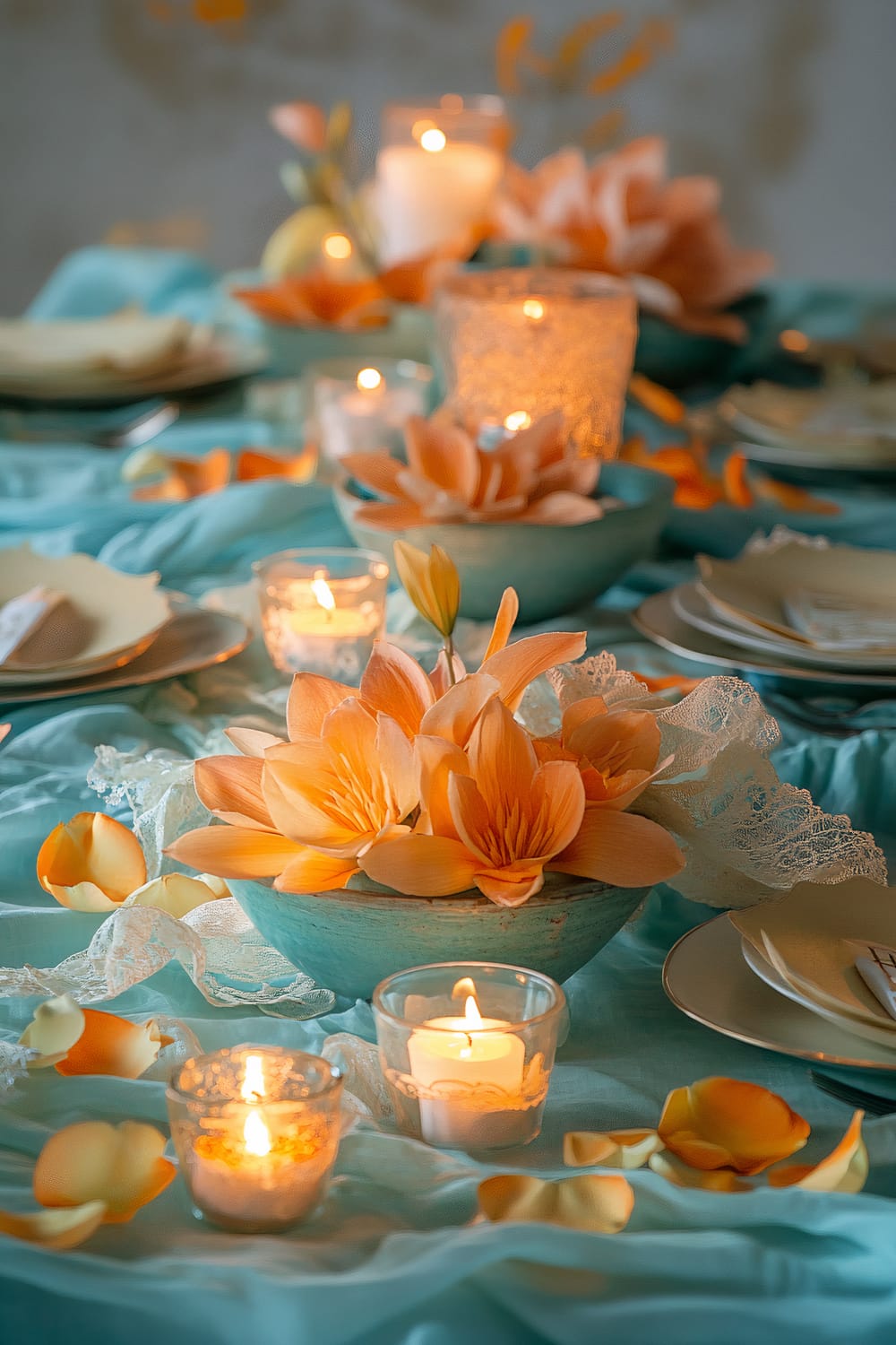 A dining table decorated with teal tablecloth and adorned with orange flowers in teal bowls. Several white candles are lit in glass holders, adding a warm glow to the scene. Plates with napkins and cutlery are neatly arranged, and orange flower petals and lace accents are scattered around the table.