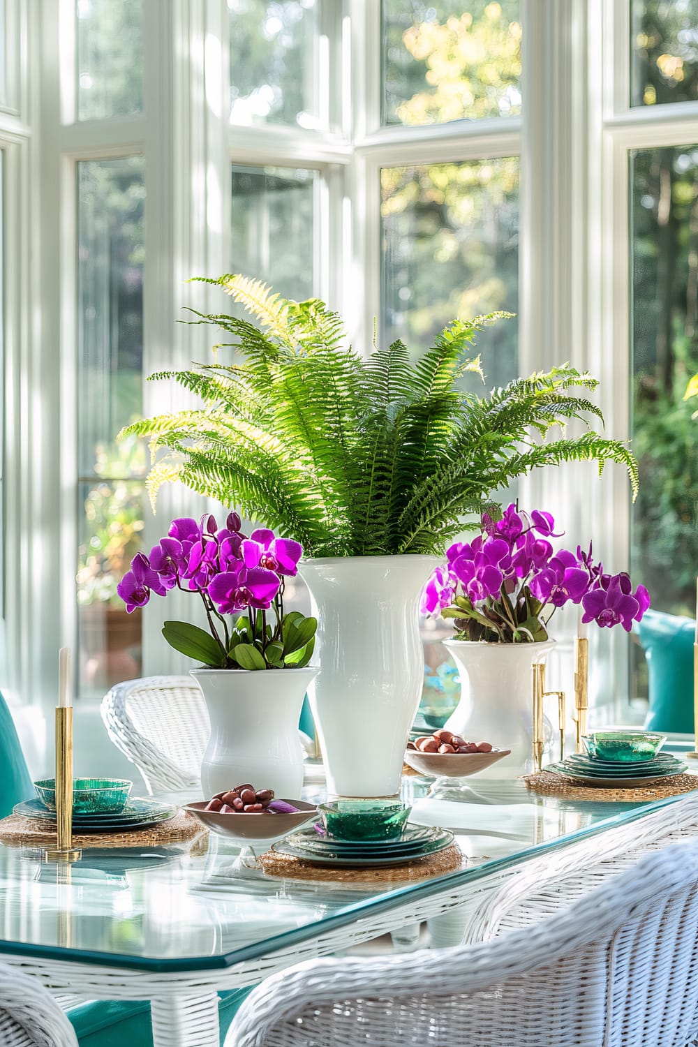 A bright conservatory decorated for Thanksgiving, featuring tall white ceramic vases with green ferns and vibrant purple orchids on a minimalist glass table. The table is also adorned with sleek gold candle holders and terracotta bowls. White wicker chairs with teal cushions surround the table, while large windows let in abundant natural light.