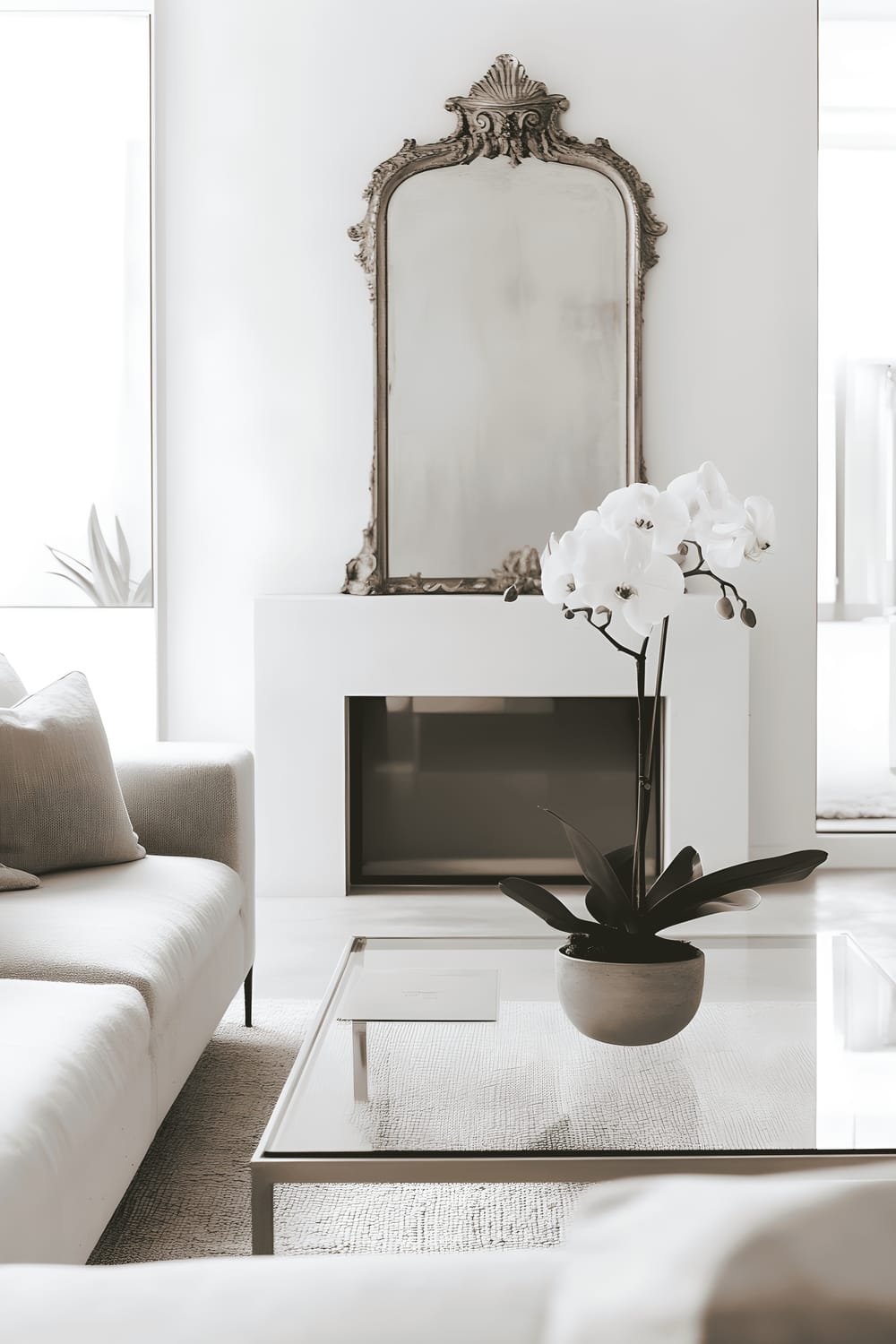 A minimalist living room featuring a low-profile grey sofa facing a glass coffee table. The room has white walls, polished concrete floors, and a wide bay window that fills the room with light. The main attraction of the room is an antique, Victorian-era gilded mirror positioned above a modern linear fireplace. A subtly arranged Phalaenopsis Orchid in a minimalist pot sits on the coffee table, adding an element of soft elegance to the crisp lines of the room.