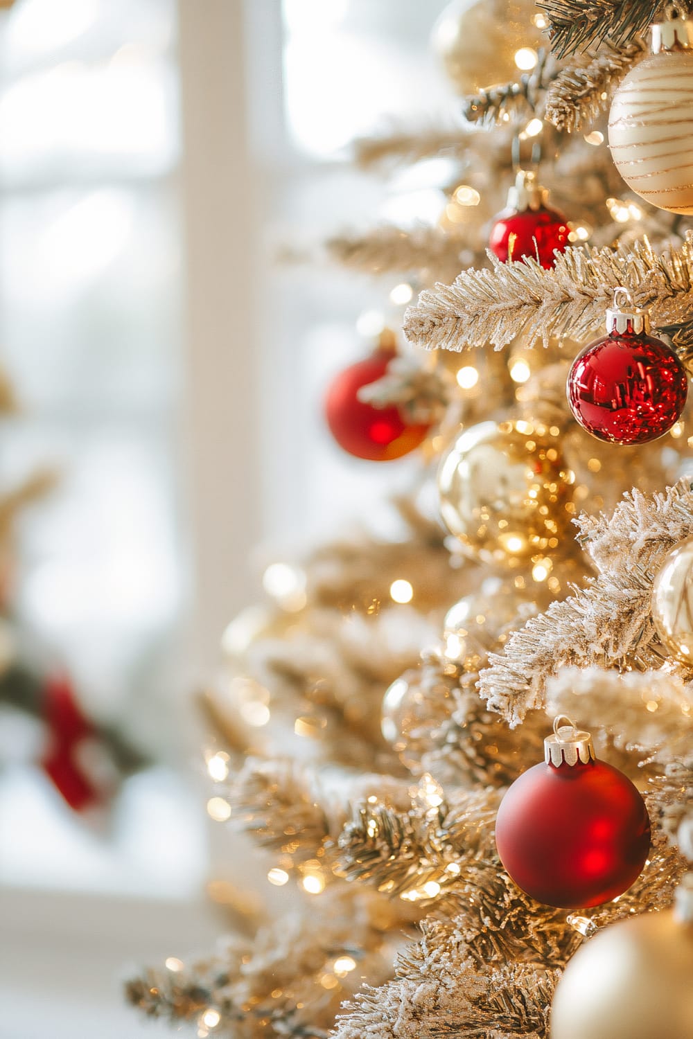 A close-up view of a Christmas tree decorated with red and gold ornaments. The tree is flocked with white snow and illuminated with soft white lights. The background is softly blurred, revealing a large window that lets in natural light.