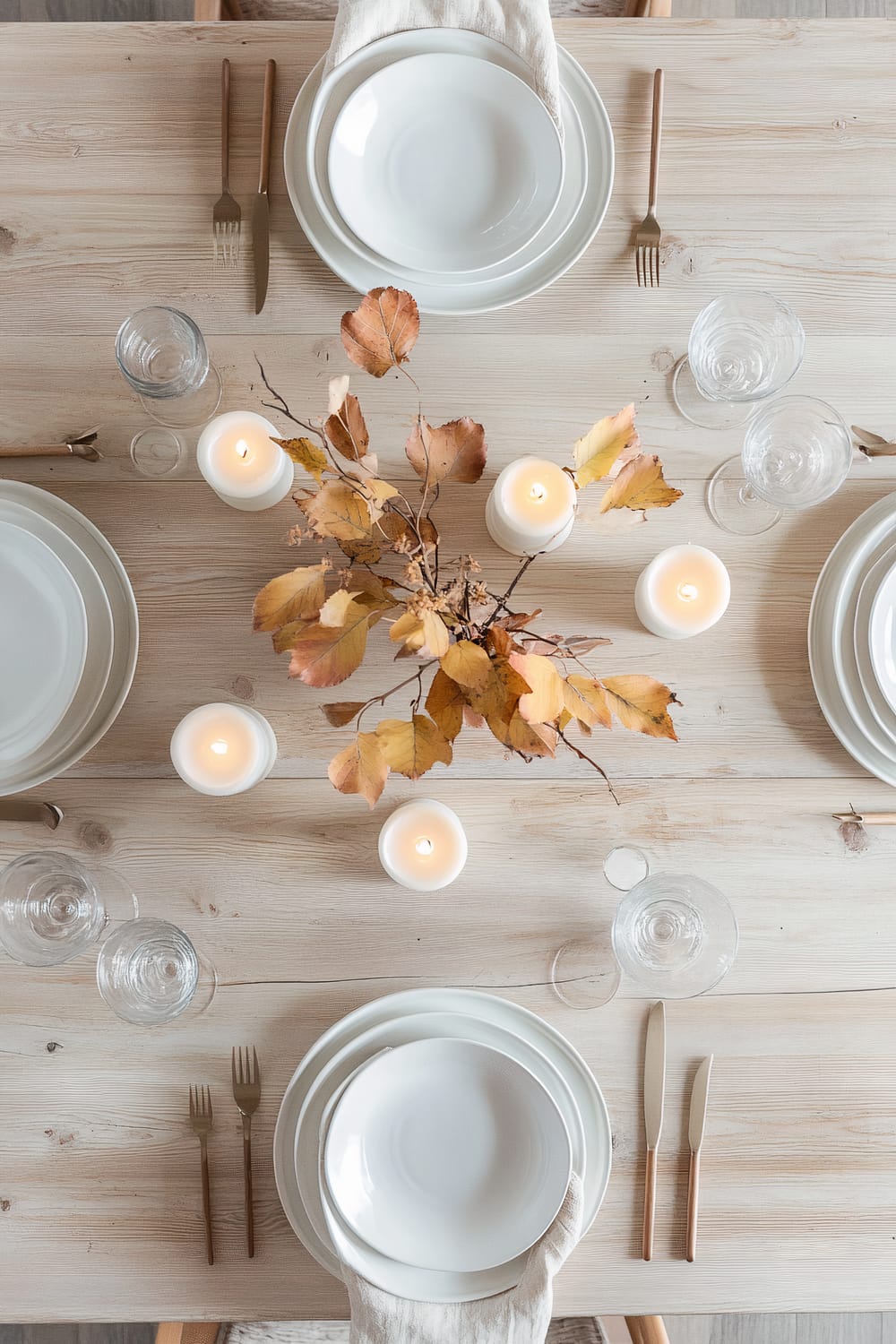 Aerial view of a minimalist dining table setting on a light wooden table. Plate settings for four are arranged with white dishes, gold-toned cutlery, and clear glassware. At the center, there is a fall-inspired arrangement with dried leaves and five lit white candles providing a warm ambiance.