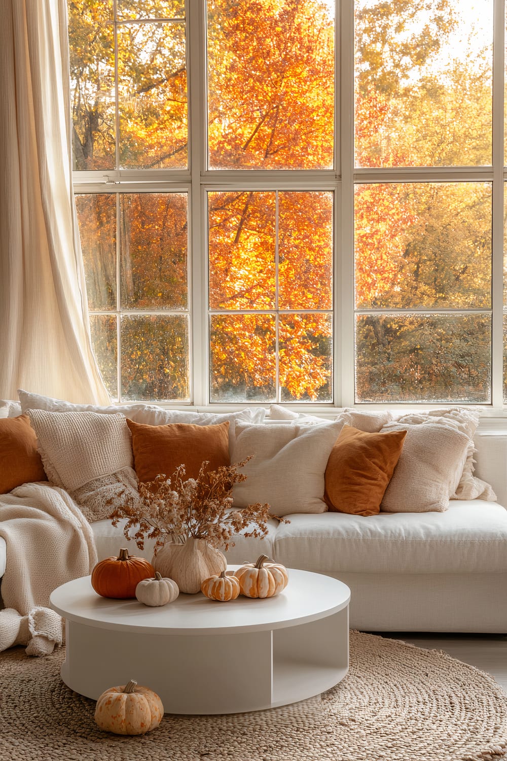 A cozy living room with large windows showcasing a vibrant autumn scenery. The room features a white sectional sofa adorned with off-white and burnt orange cushions, accompanied by a minimalist white coffee table decorated with pumpkins and dried floral arrangements. A beige woven rug adds a touch of warmth.