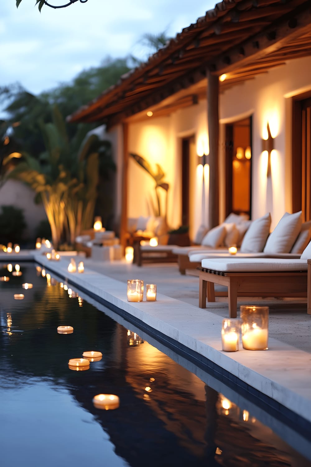 A serene patio area featuring simple teak furniture adorned with ivory cushions positioned near a shallow reflecting pool. The pool is glowing with floating candles that illuminate the twilight setting, and bamboo torches outline the patio, further enhancing the calm atmosphere.