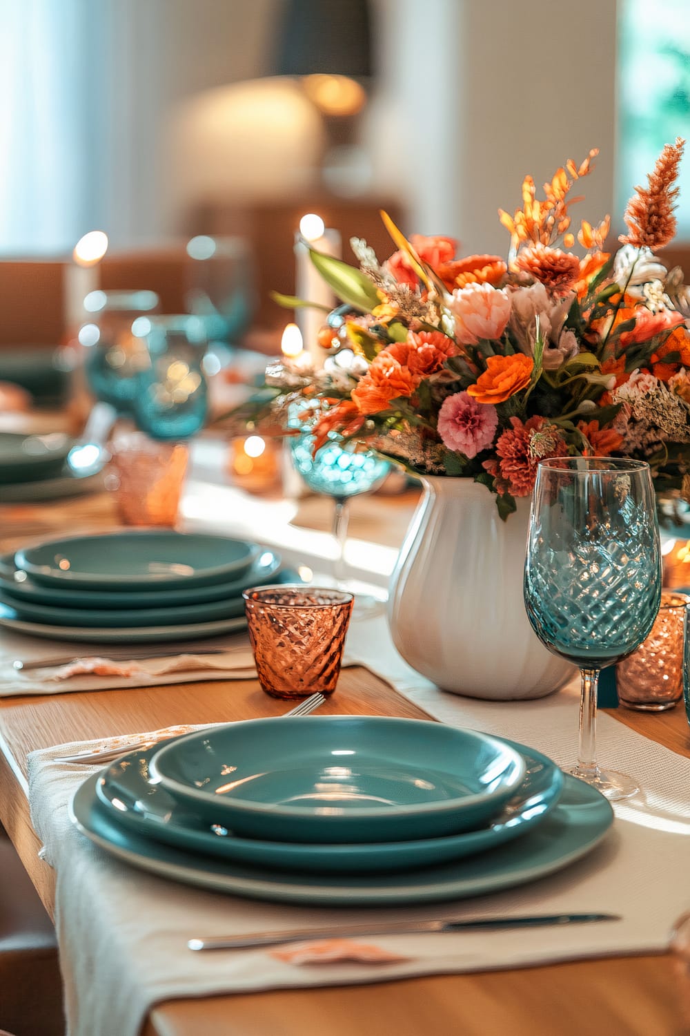 An angled shot of a coastal-inspired Thanksgiving dinner table set with teal ceramic plates and coral glassware. The table is accented by white linen napkins. The centerpiece features a coral and teal floral arrangement in a white ceramic vase, surrounded by small teal candles. A light sand-colored table runner adds a neutral base to the vibrant and fresh color scheme under natural light.