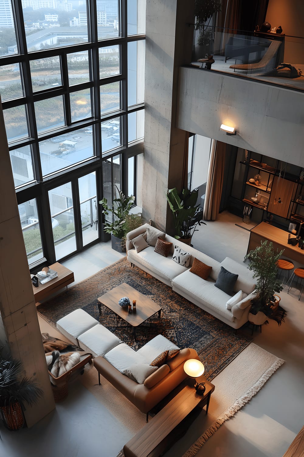 A spacious loft with a blend of industrial and traditional Korean decor. The scene features large floor-to-ceiling windows, allowing ample natural light to brighten the room. The color scheme is mainly muted with vibrant accent pieces scattered throughout like the cushions on the couch. The open layout includes minimal furniture which highlights the loft's openness and includes elements such as a hanji screen standing at one side, a dining table with chairs, and a couch with a coffee table.