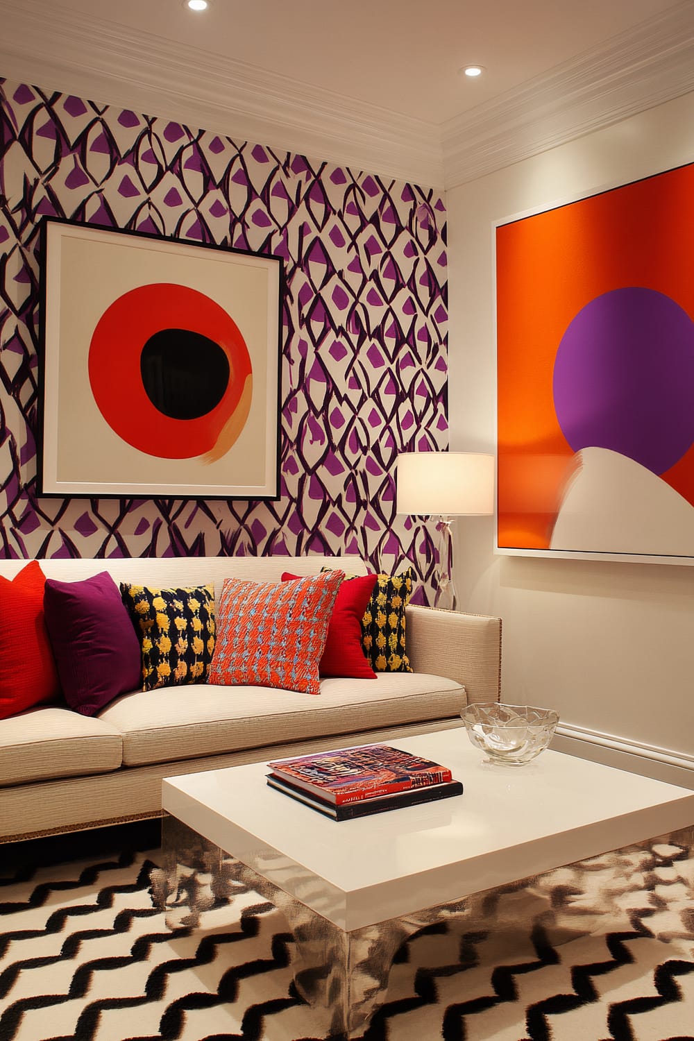 A dynamic living room featuring a bold geometric wallpaper with purple, white, and black patterns. A neutral-colored sofa is adorned with assorted colorful cushions in red, purple, and patterned designs. A minimalist white coffee table holds a couple of books and a glass bowl. The floor has a black and white zigzag-patterned rug. On the walls, there are two pieces of abstract art in bold colors, one with concentric circles and the other with large geometric shapes. A modern floor lamp provides striking lighting from the corner.