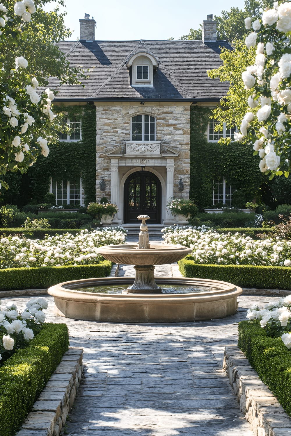 A grandeur front entrance of a lavish residence flanked by a precisely trimmed boxwood hedge and blossoming white roses. The driveway is circular in design, paved with gray herringbone patterned stones, with an impressively carved stone fountain standing in the middle, spouting water calmly. The ambiance is further enhanced by the house's grand architectural design visible in the background.