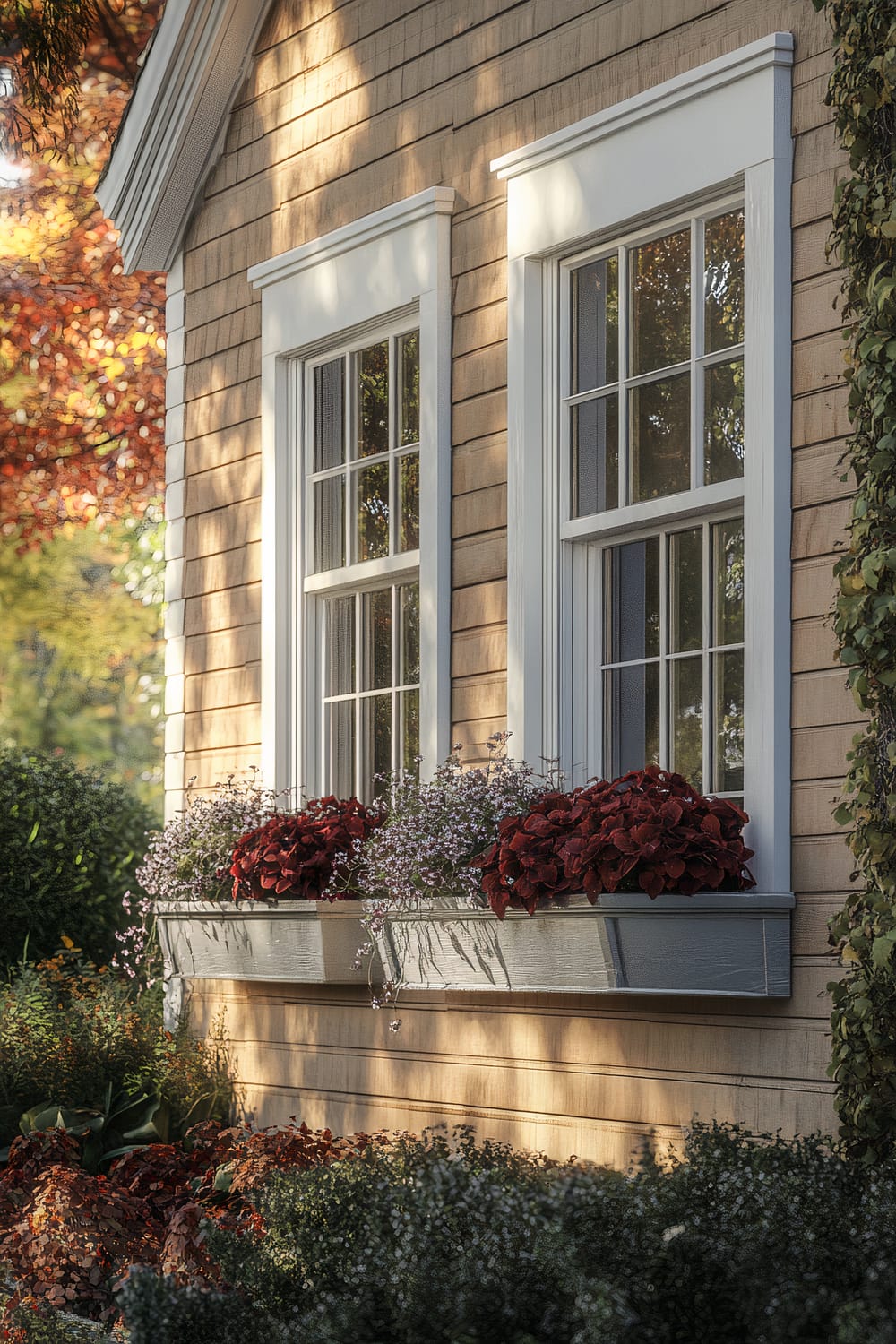 A charming exterior view of a house features two double-hung windows with white frames and decorative trim. Beneath each window is a gray window box filled with vibrant red flowers and delicate white blossoms. The wall is clad in horizontal light brown shingles. The surrounding garden is lush with green shrubs and a variety of foliage that adds to the serene autumn atmosphere, enhanced by the warm, golden light.