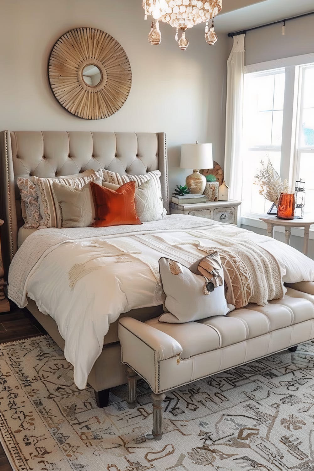 A stylish bedroom featuring a tufted beige headboard and a beige bed adorned with multiple pillows, including a striking burnt orange accent pillow. A plush white and beige blanket is neatly folded at the foot of the bed. At the end of the bed, a beige upholstered bench with matching tufted design is placed. The room is illuminated by natural light from a large window draped with white curtains. A lamp with a beige base and a white shade sits on a wooden nightstand beside the bed, which also holds decorative items such as a small house-shaped ornament and a potted plant. Above the bed, a circular, sunburst wooden wall decor adds a rustic touch. A beige patterned area rug lies beneath the bed, completing the elegant look.