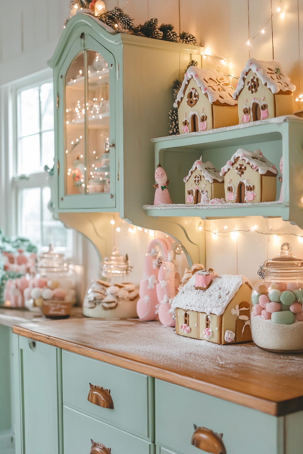 A whimsical kitchen corner featuring pastel-colored mint green cabinets adorned with glowing string lights. On the countertop, there are jars filled with colorful pastel candies and marshmallows. Gingerbread houses, decorated with white icing and pink accents, are displayed on shelves along with other Christmas-themed decorations. The setting emits a festive holiday ambiance.