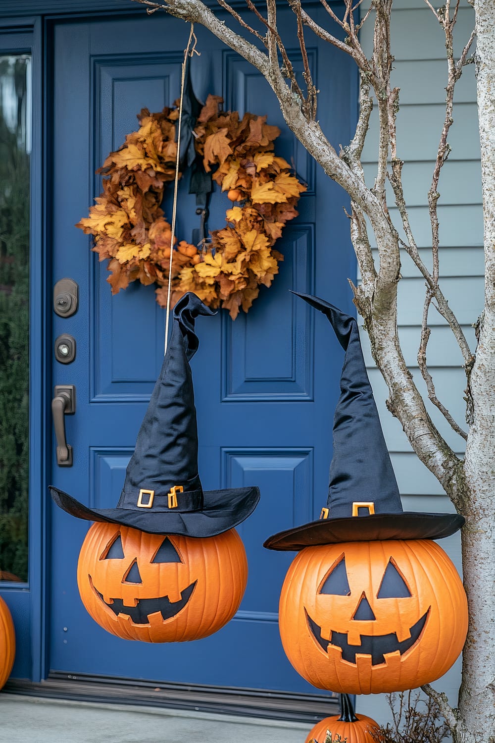 Two carved pumpkins with smiling faces, adorned with black witch hats, hang from a tree in front of a blue door. A wreath made of fall leaves and small pumpkins is attached to the door, enhancing the Halloween decor.