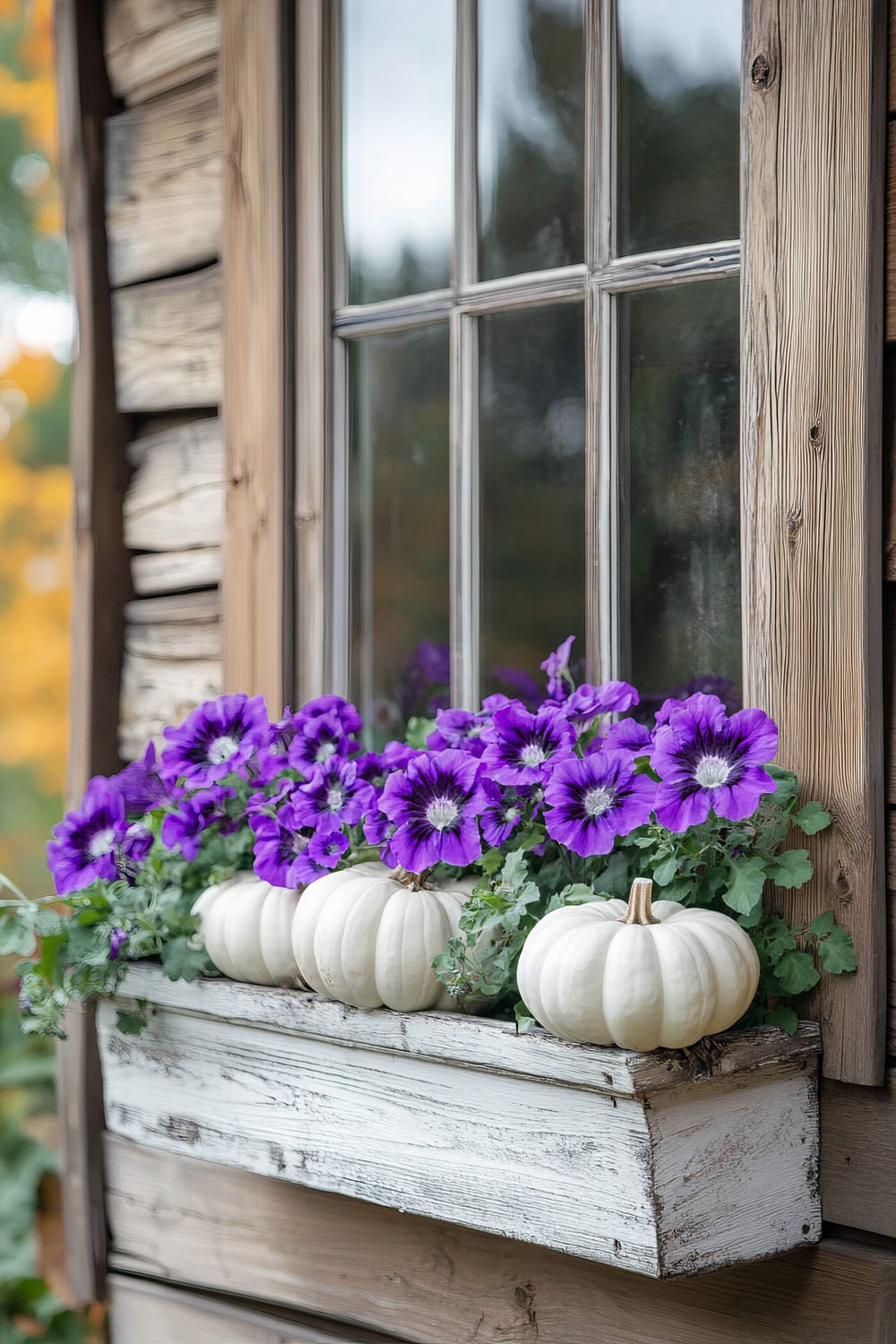 This image shows a charming window box filled with vibrant purple flowers and small white pumpkins. The window frame and box are made of weathered wood, adding a rustic touch to the scene. The glass panes of the window reflect the outside scenery, while the flowers and pumpkins create a colorful and festive display.