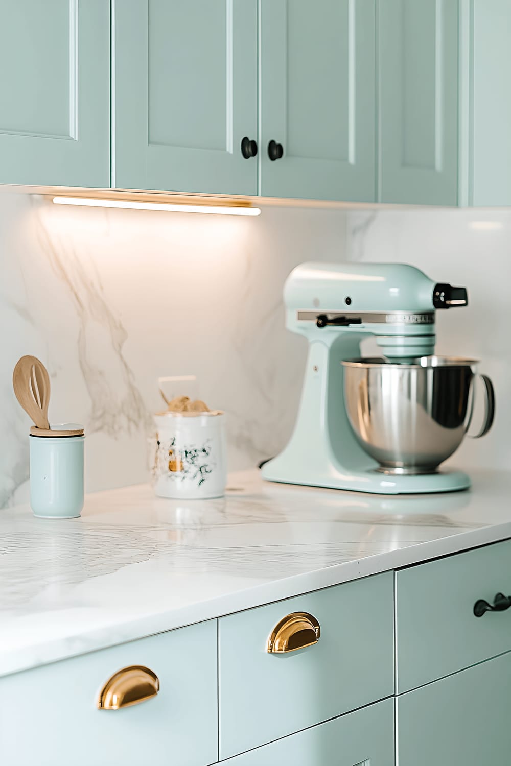 A close-up view of a kitchen countertop in an apartment featuring vintage-inspired appliances including a retro-style toaster and mixer. The items are in pastel colors and contrast tastefully with the marble countertops. Additionally, there are matte black cabinet handles, and overhead lighting subtly illuminating the space.