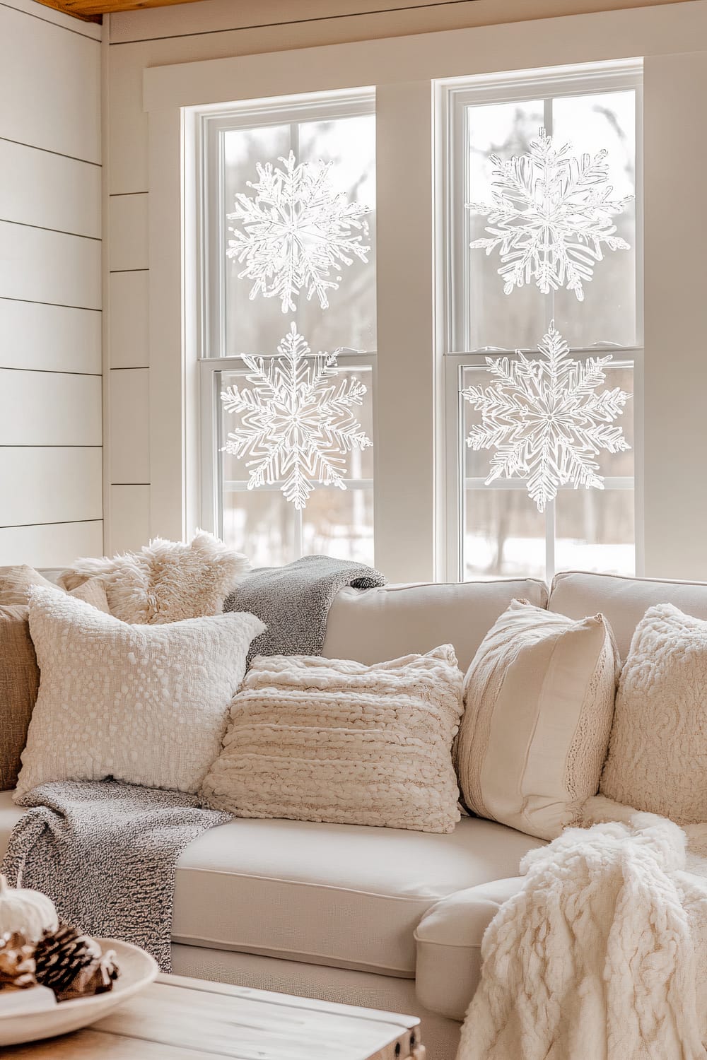 A modern farmhouse living room features four intricate white glass snowflake window clings, two per window, adorning a shiplap wall. A cozy white couch is adorned with an array of textured cream and beige pillows and a soft gray throw blanket. Natural sunlight softly illuminates the scene, creating a sparkling and festive winter ambiance.