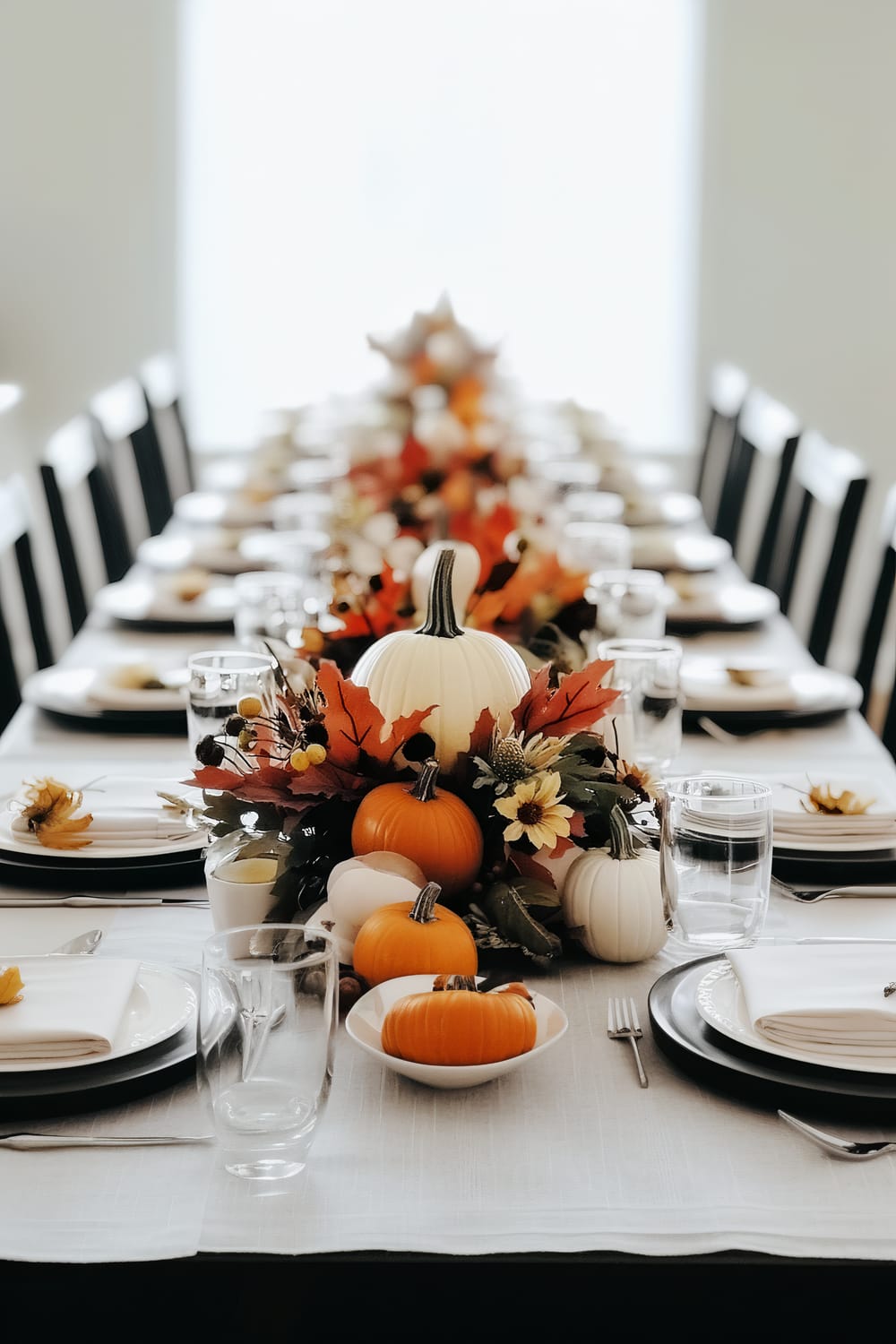 An elegant dining table is adorned with an autumnal centerpiece featuring orange and white pumpkins, fall leaves, and flowers. The table is set with white plates, black chargers, white napkins, clear glasses, and silver cutlery. The arrangement extends the entire length of the table, emphasizing the seasonal theme.