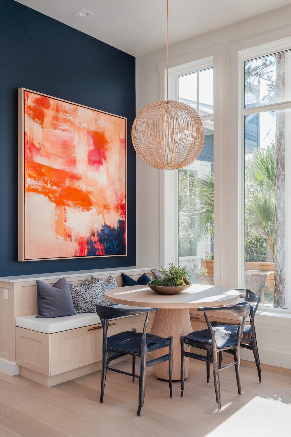 A bright and inviting dining nook features a built-in bench with rounded wooden table and black chairs. A bold abstract painting in red, orange, and white hues adorns a dark navy accent wall, while large windows allow natural light to flood in. A wicker pendant light hangs above, and assorted throw pillows add comfort and style.